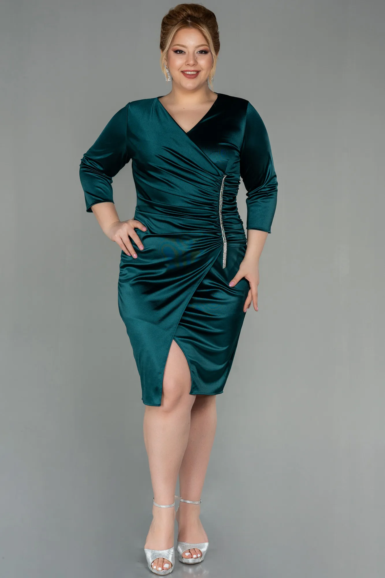 Emerald Green-Midi Satin Evening Dress ABK1592