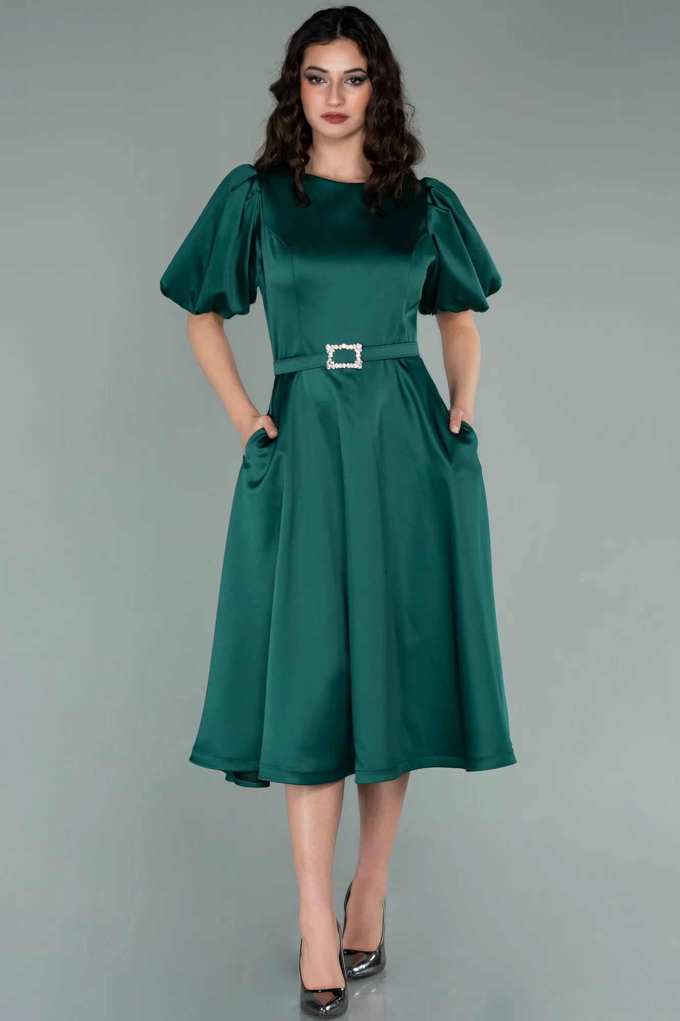 Emerald Green-Midi Satin Invitation Dress ABK1263