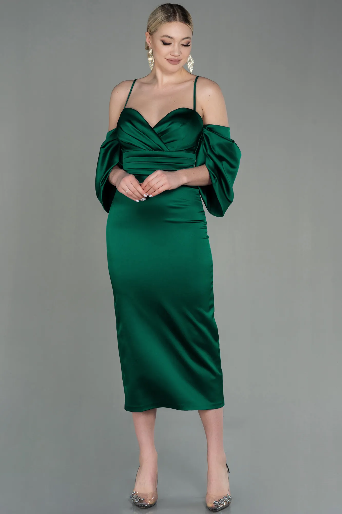 Emerald Green-Midi Satin Invitation Dress ABK1676