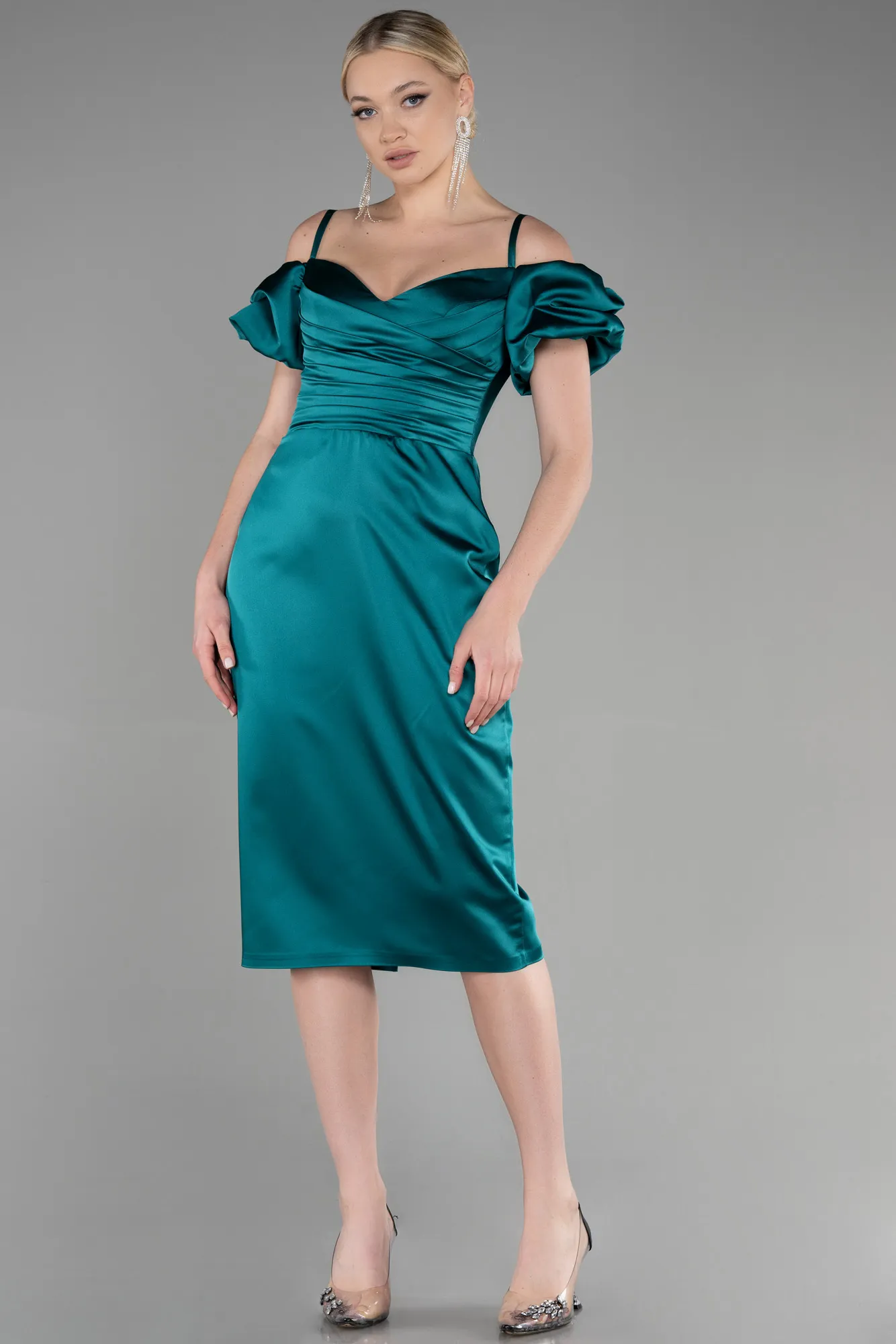 Emerald Green-Midi Satin Invitation Dress ABK1922