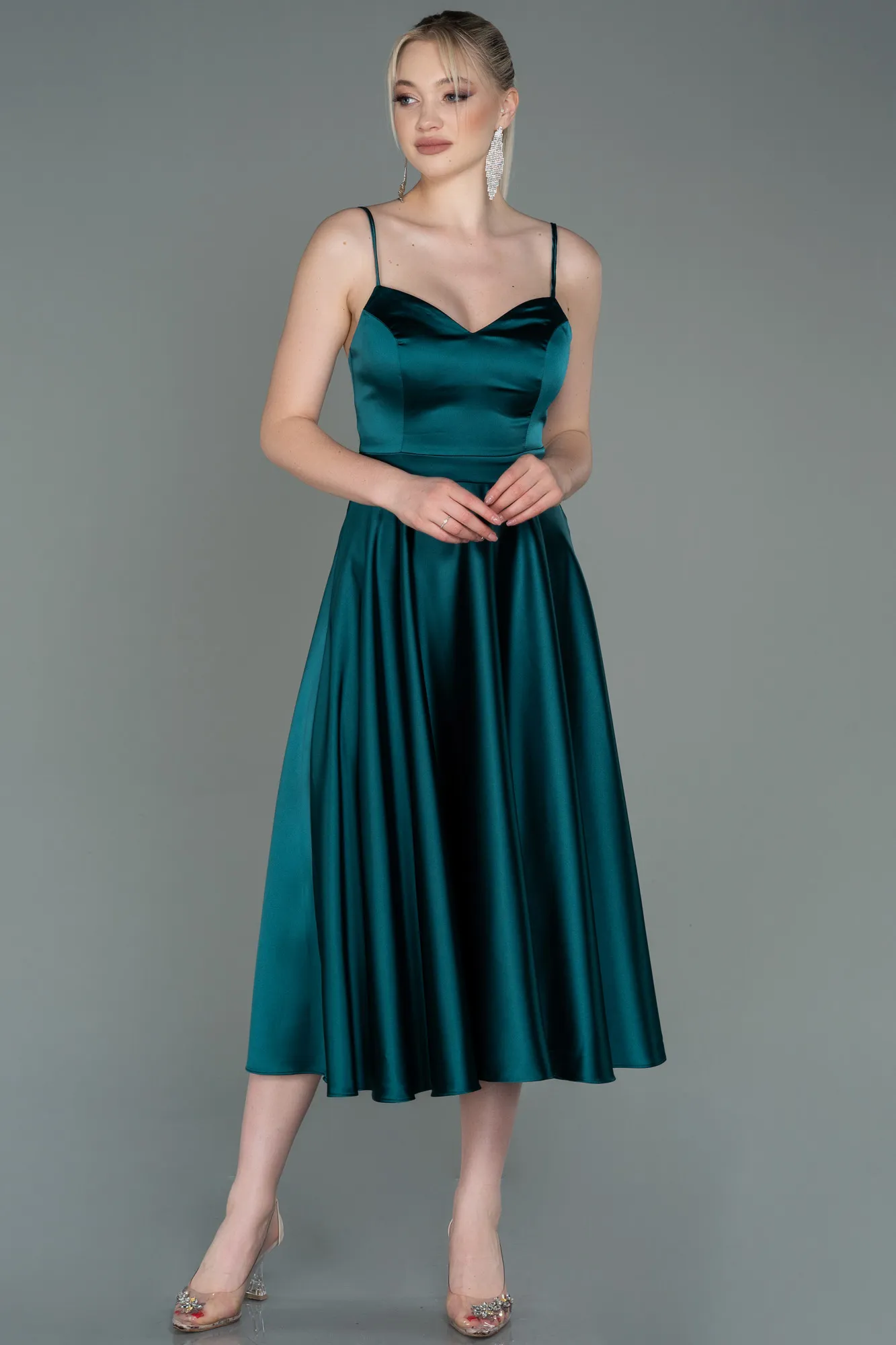 Emerald Green-Midi Satin Prom Gown ABK1791