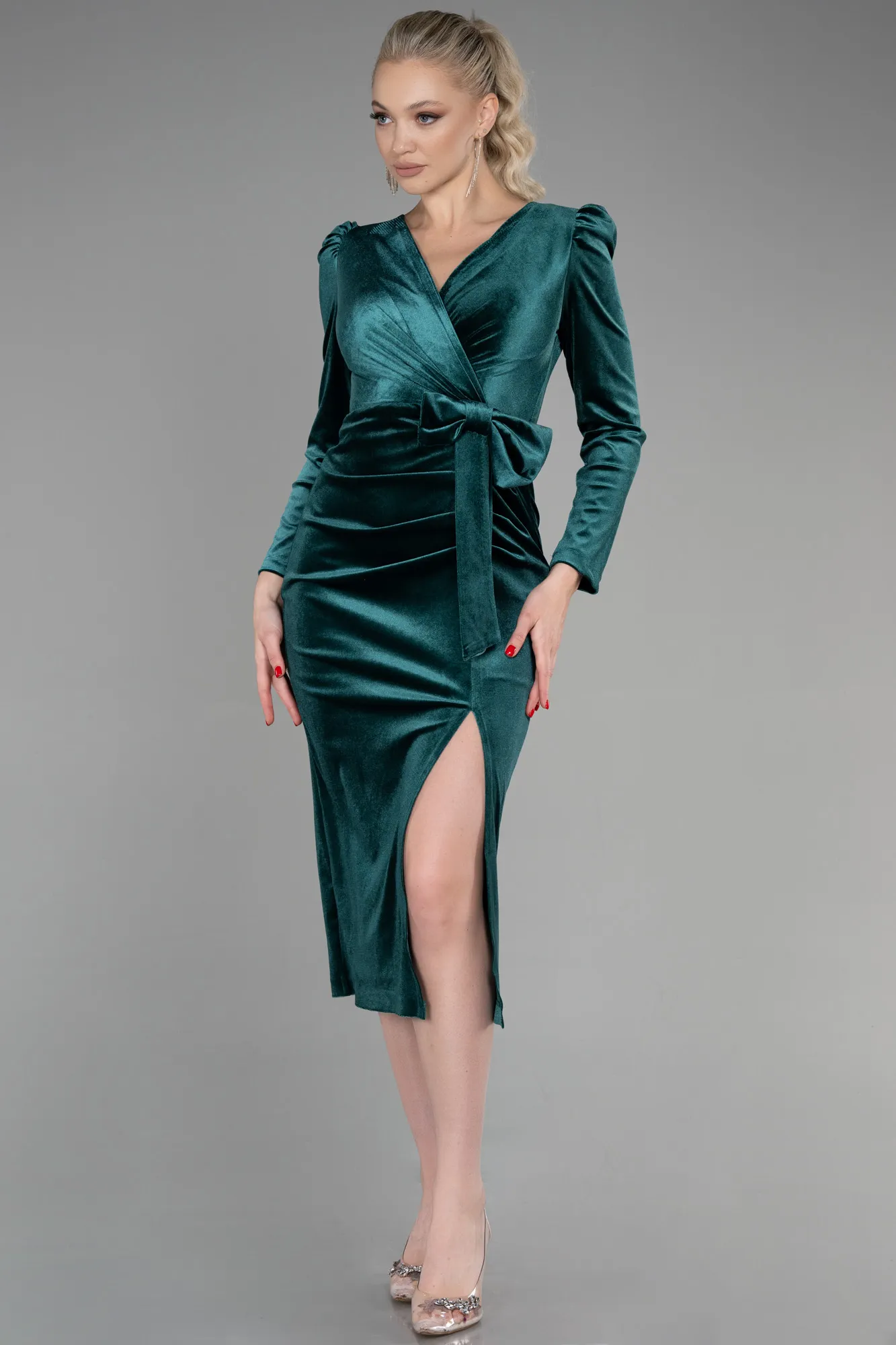 Emerald Green-Midi Velvet Invitation Dress ABK1896