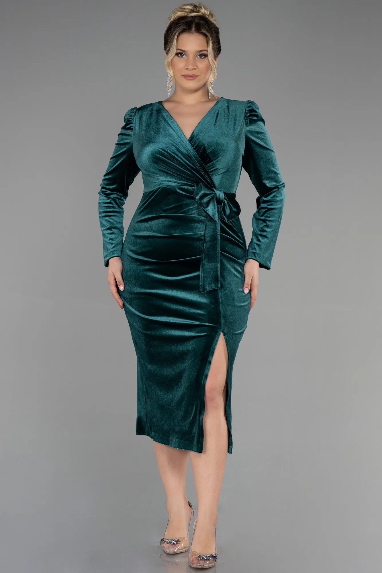 Emerald Green-Midi Velvet Velvet Oversized Evening Dress ABK1897