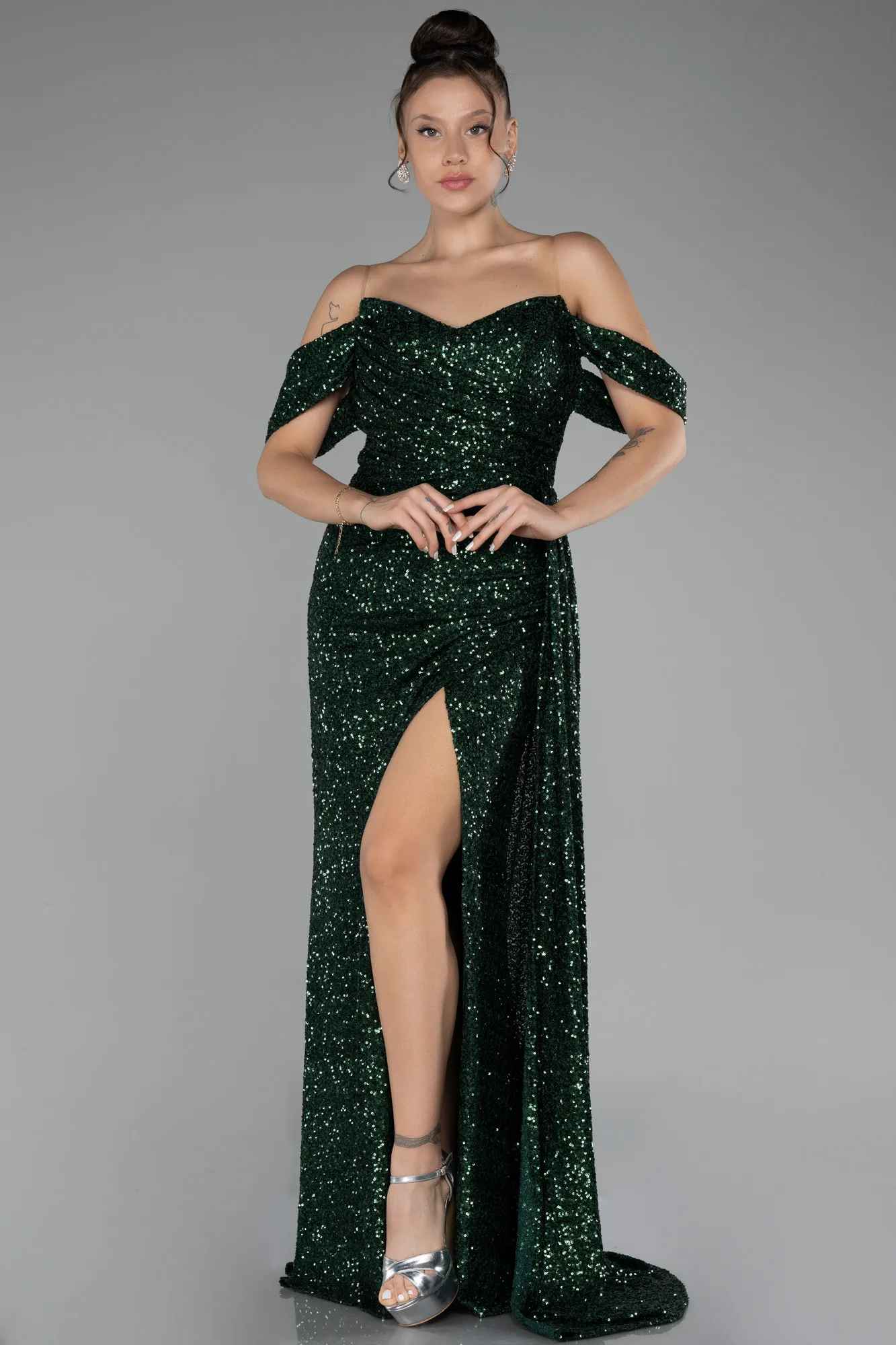 Emerald Green-Off Shoulder Boat Neck Slit Sequined Long Evening Gown ABU4074