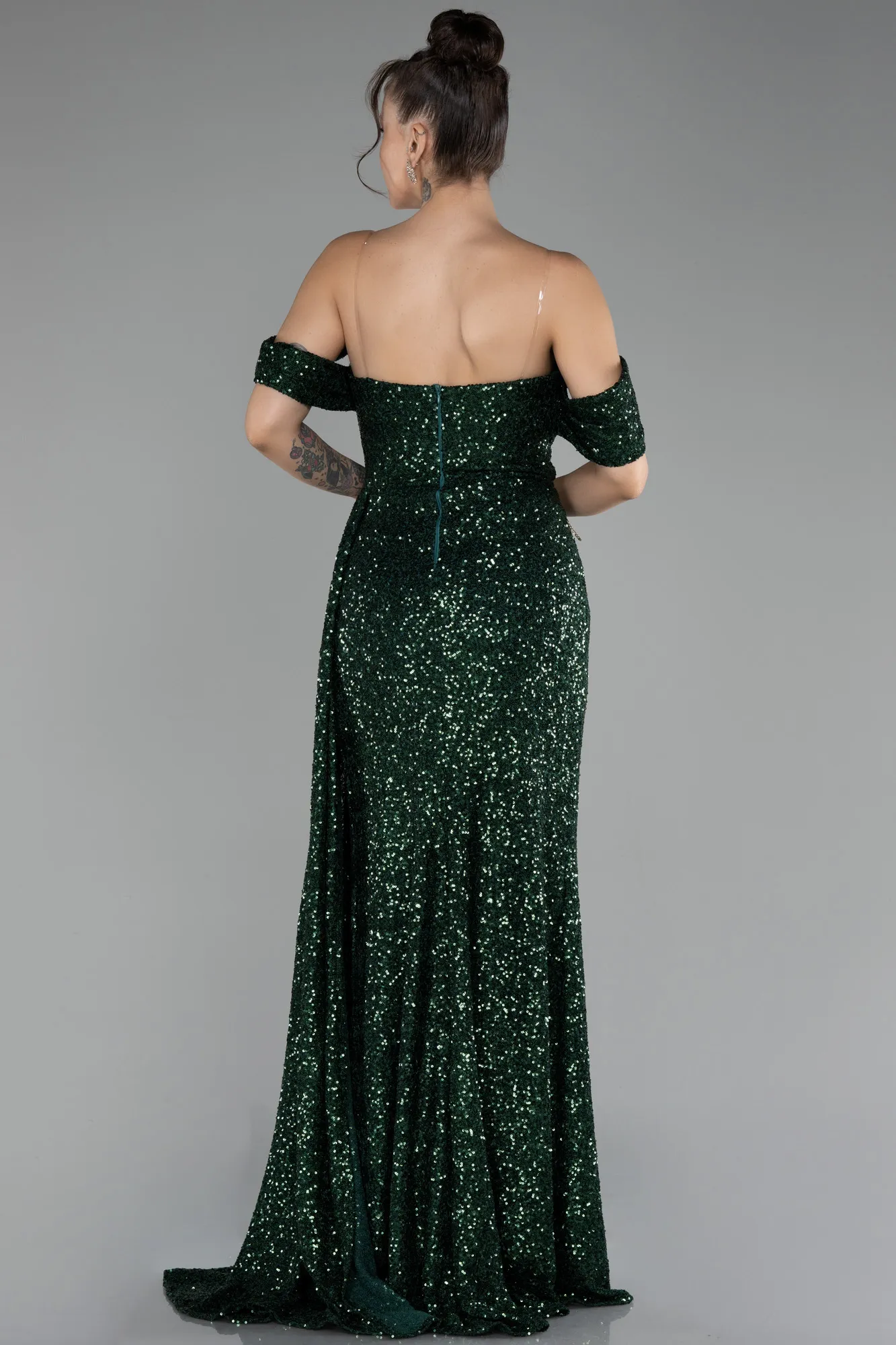 Emerald Green-Off Shoulder Boat Neck Slit Sequined Long Evening Gown ABU4074