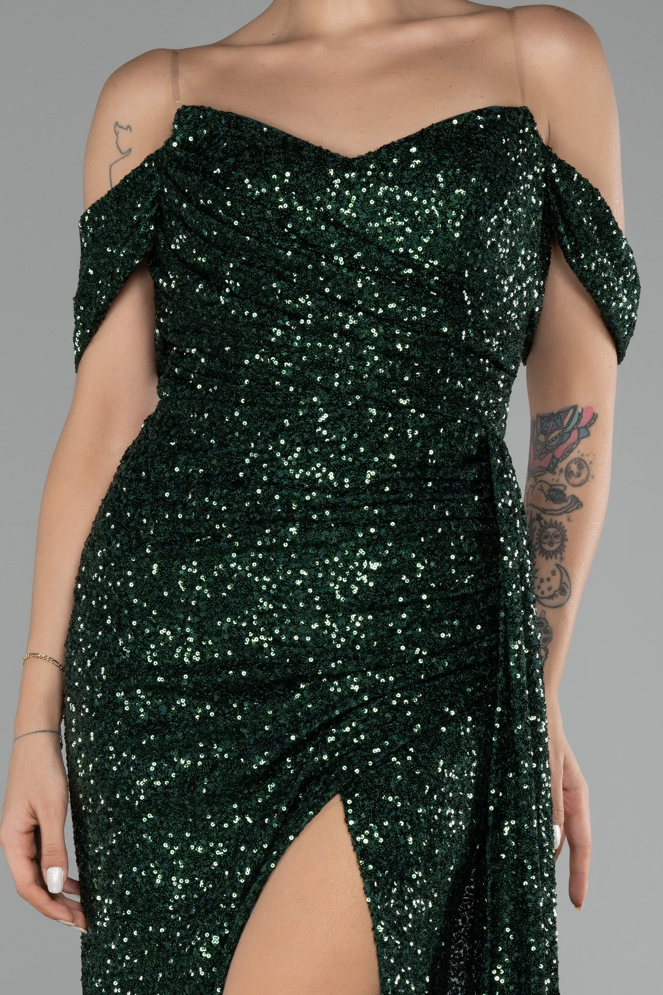 Emerald Green-Off Shoulder Boat Neck Slit Sequined Long Evening Gown ABU4074