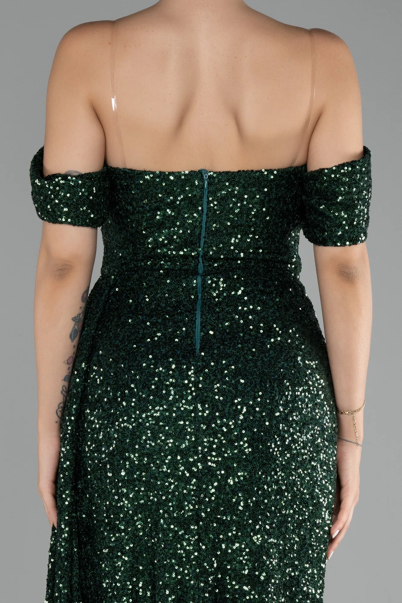 Emerald Green-Off Shoulder Boat Neck Slit Sequined Long Evening Gown ABU4074