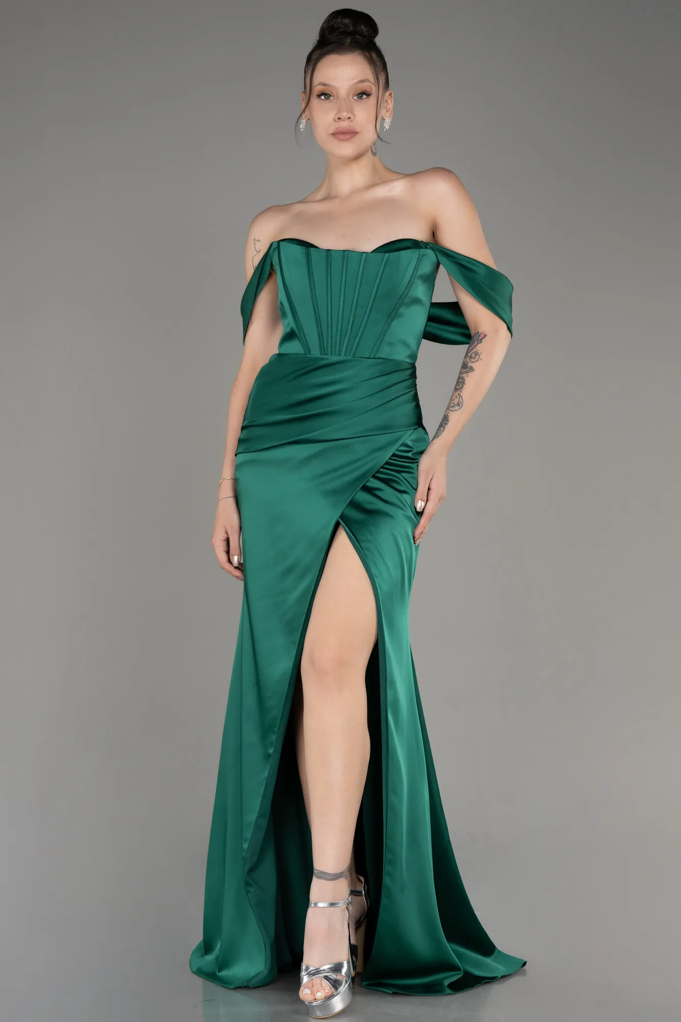 Emerald Green-Off Shoulder Slit Satin Prom Dress ABU3964