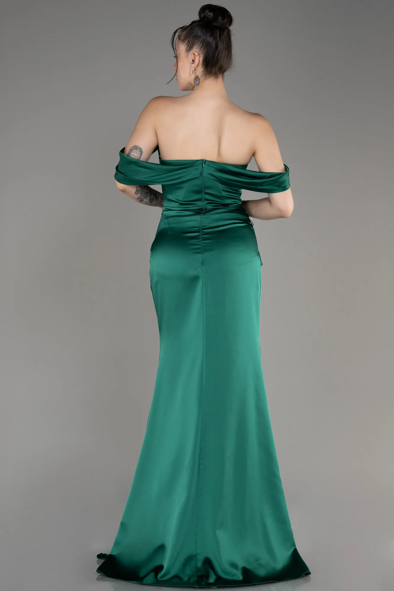 Emerald Green-Off Shoulder Slit Satin Prom Dress ABU3964