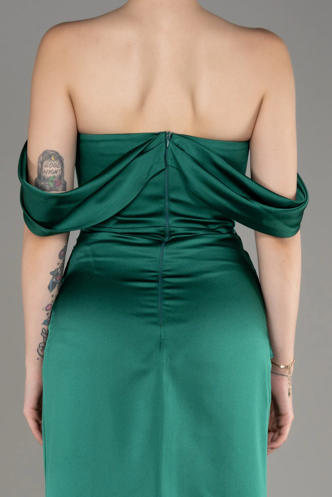 Emerald Green-Off Shoulder Slit Satin Prom Dress ABU3964