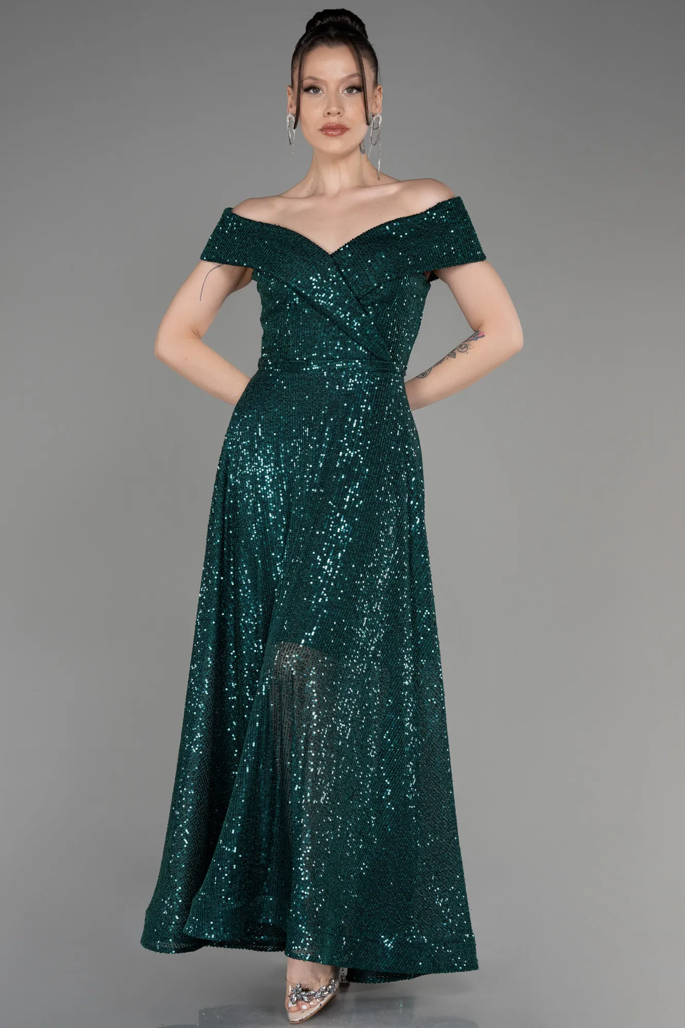 Emerald Green-Off The Soulder Scaly Midi Evening Dress ABK2048