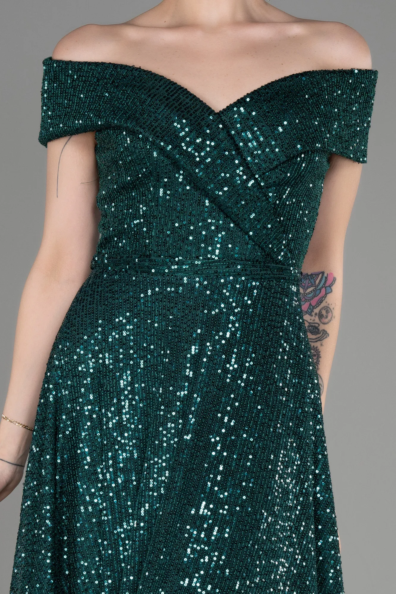 Emerald Green-Off The Soulder Scaly Midi Evening Dress ABK2048