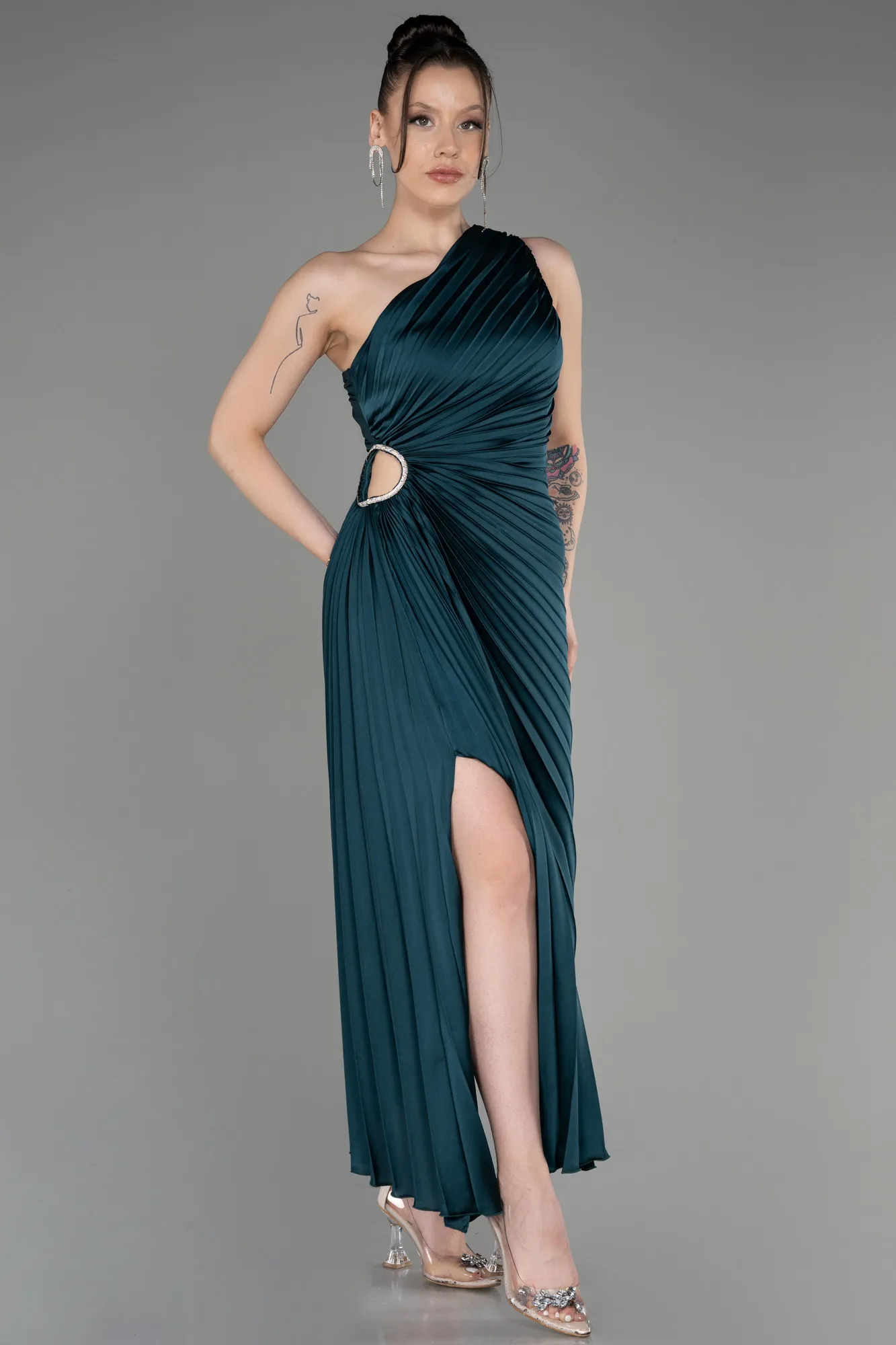 Emerald Green-One Shoulder Midi Satin Cocktail Dress ABK2046