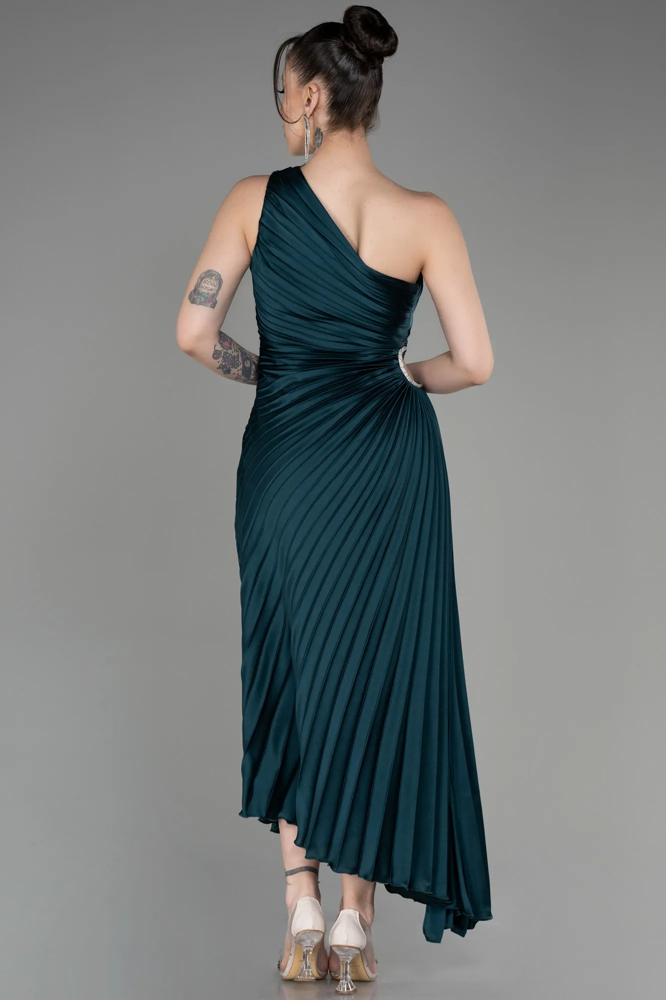 Emerald Green-One Shoulder Midi Satin Cocktail Dress ABK2046