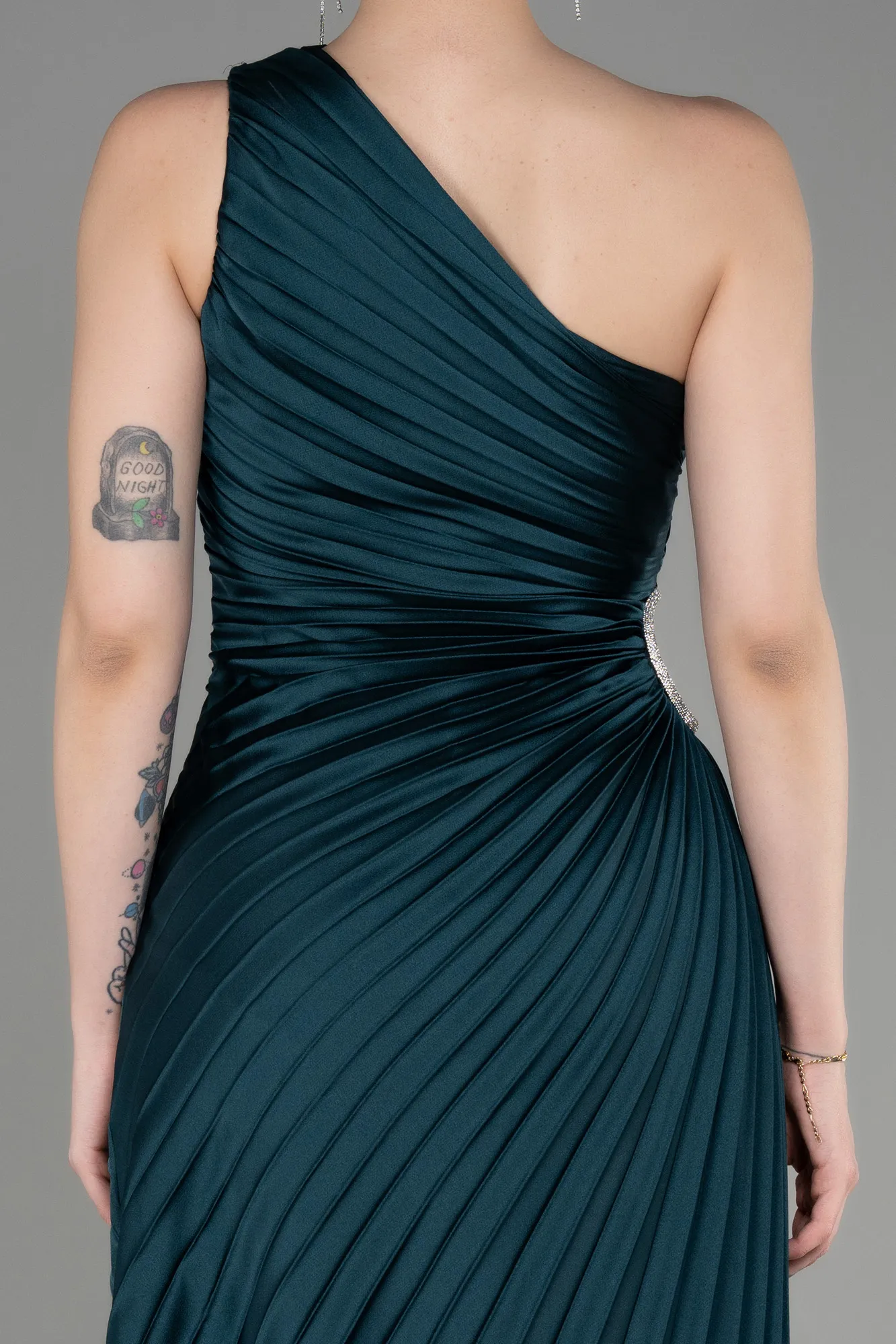 Emerald Green-One Shoulder Midi Satin Cocktail Dress ABK2046