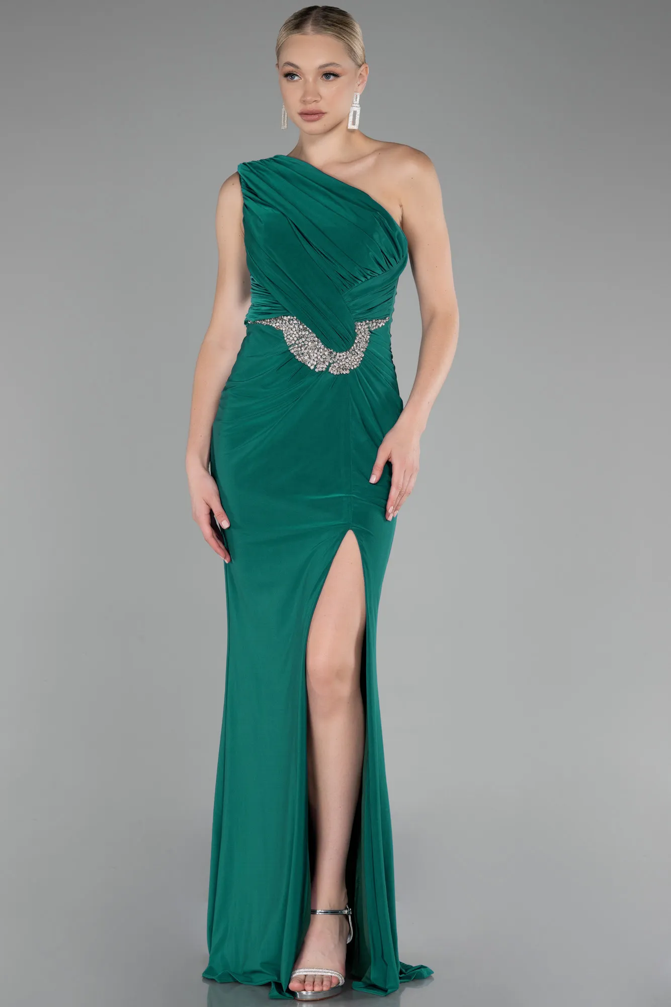 Emerald Green-One Shoulder Slit Long Evening Dress ABU4116