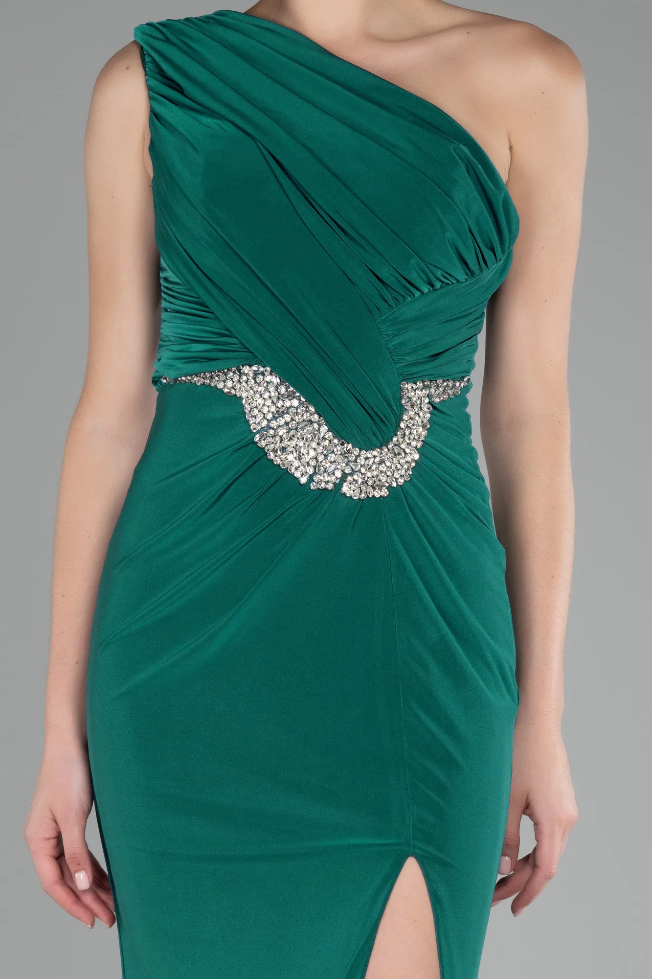 Emerald Green-One Shoulder Slit Long Evening Dress ABU4116