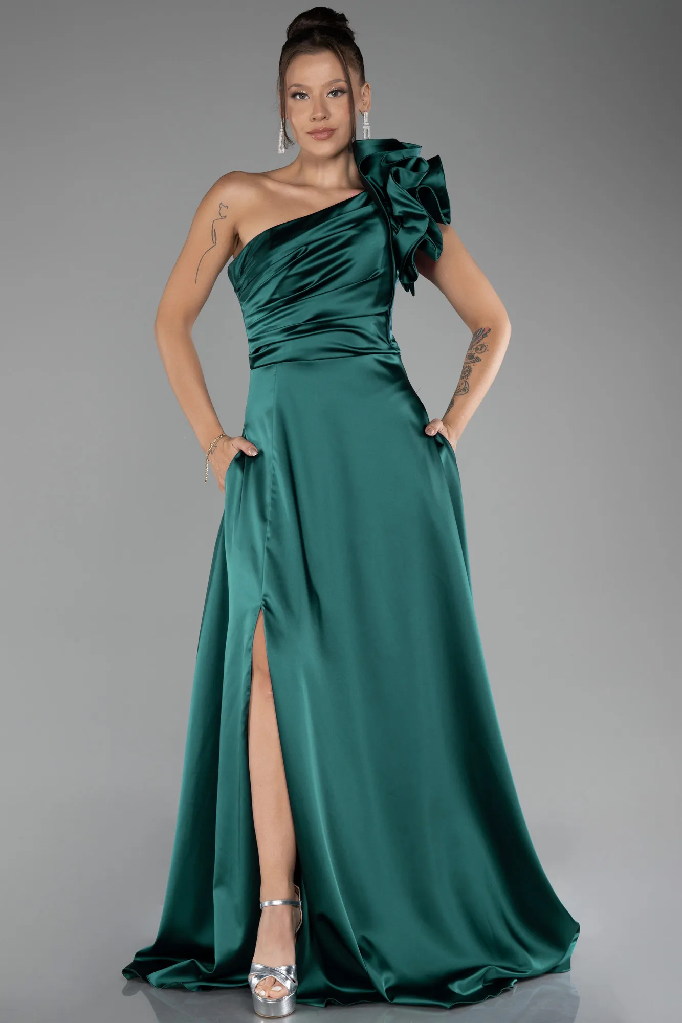 Emerald Green-One Shoulder Slit Long Satin Evening Dress ABU4092