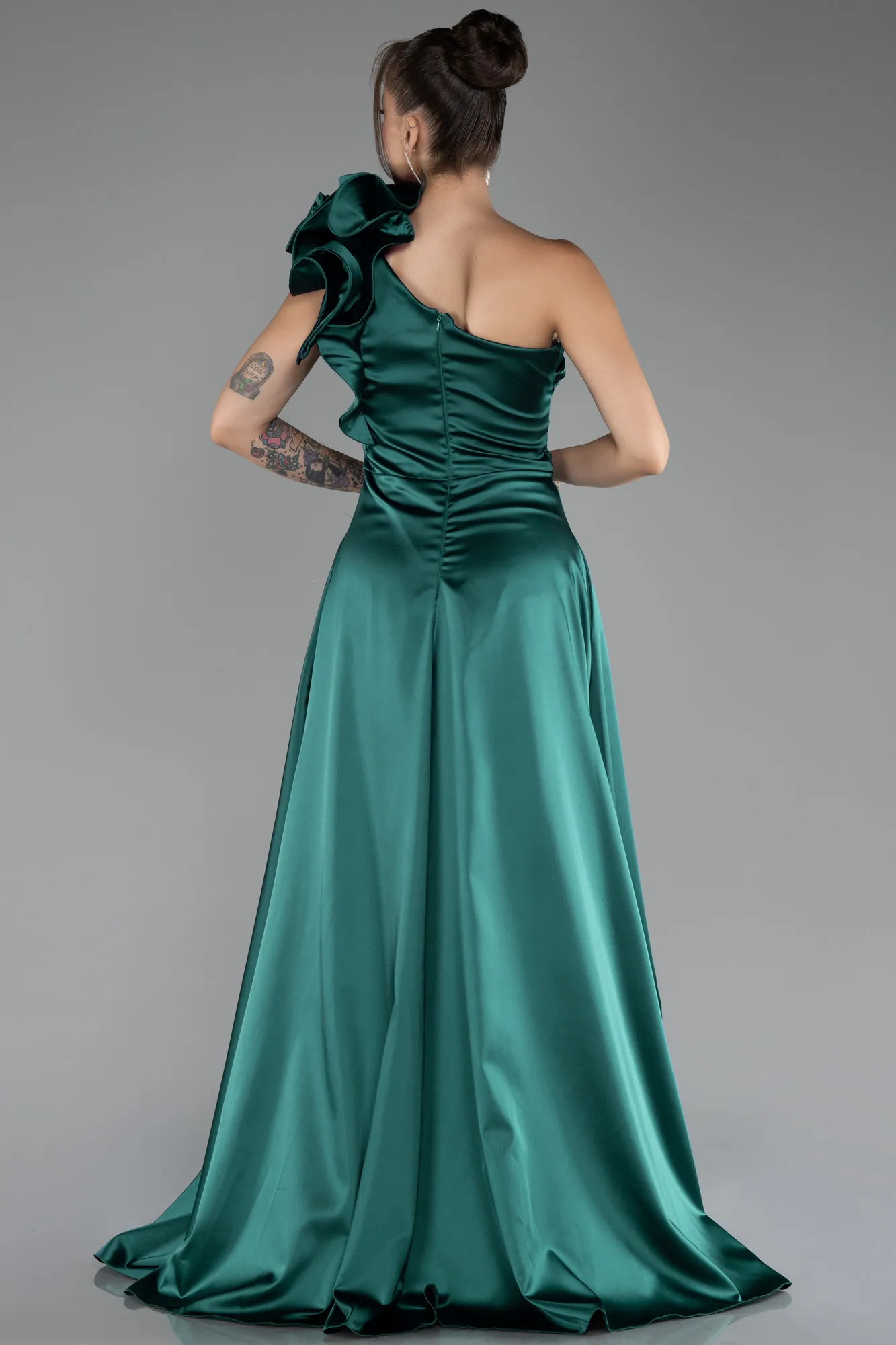 Emerald Green-One Shoulder Slit Long Satin Evening Dress ABU4092