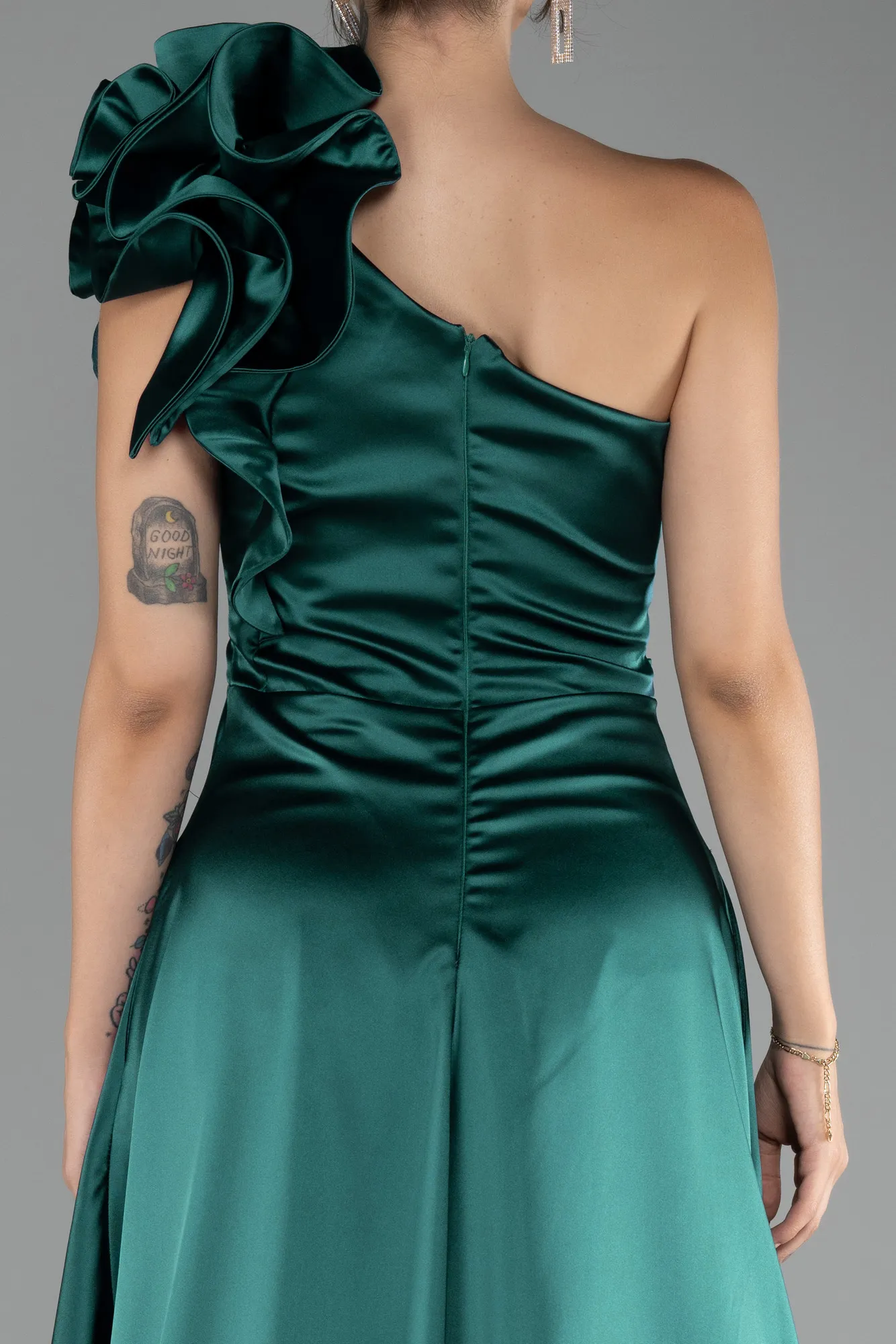 Emerald Green-One Shoulder Slit Long Satin Evening Dress ABU4092