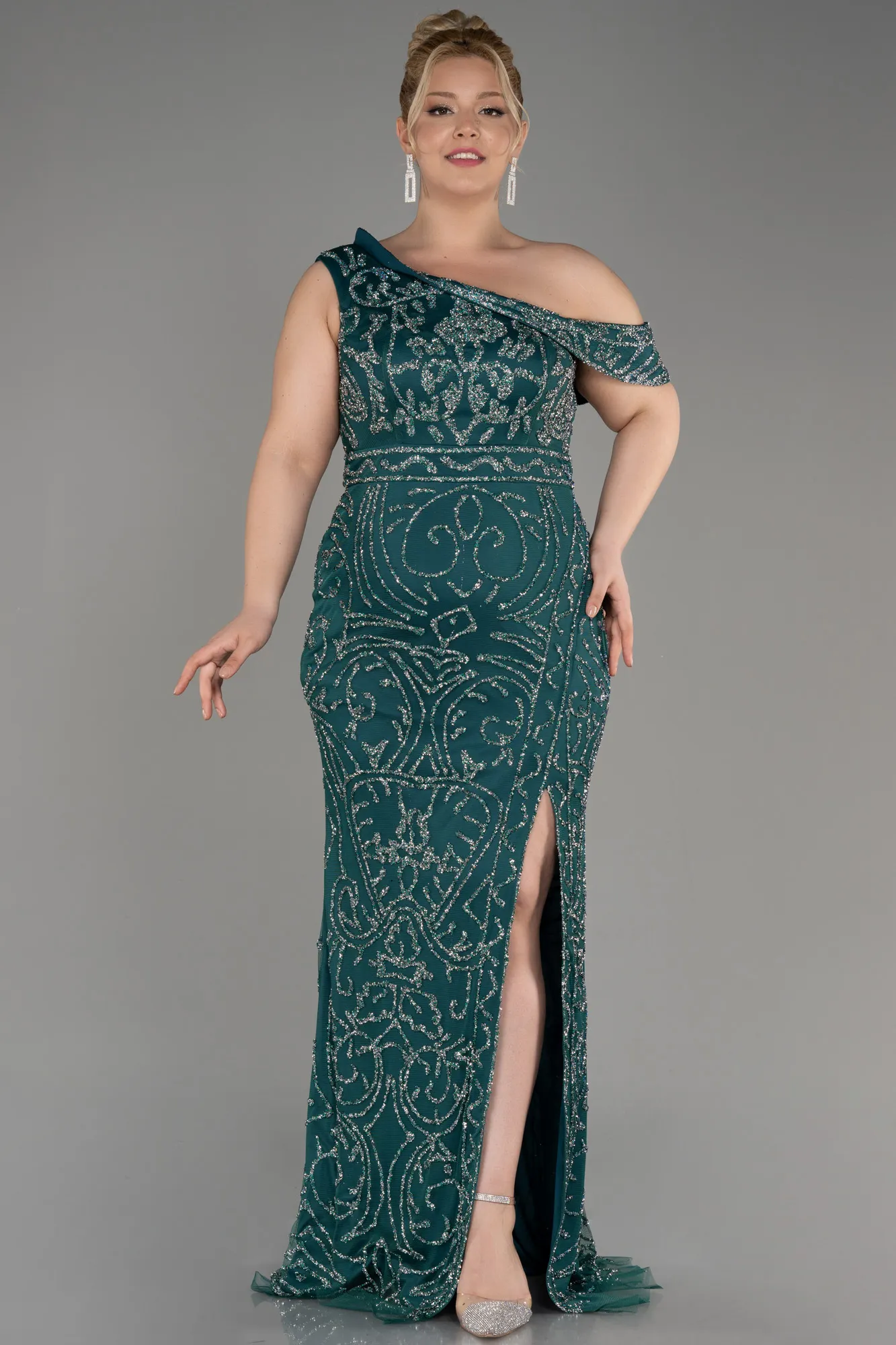 Emerald Green-One Shoulder Slit Stony Long Evening Gown ABU3853