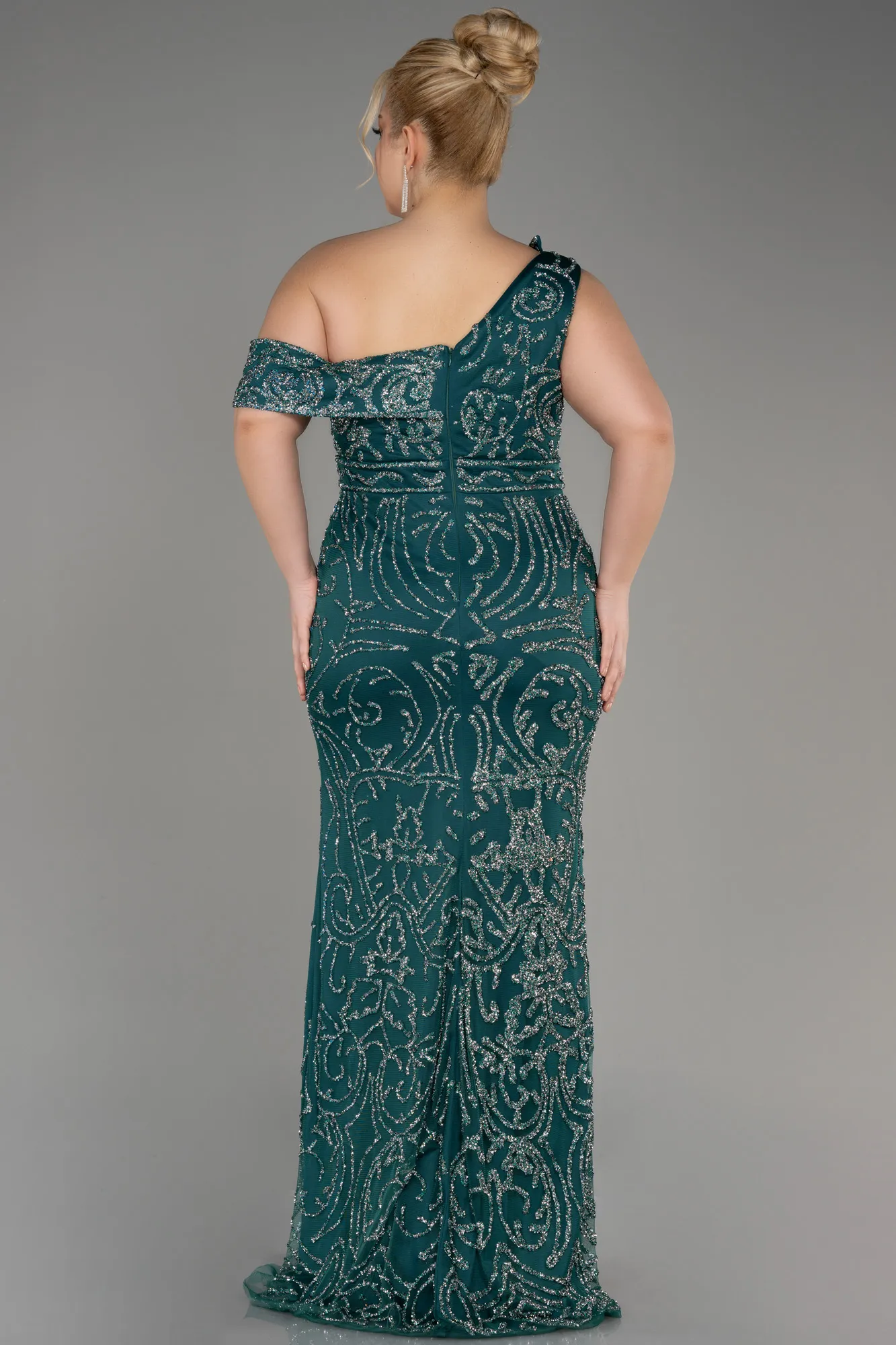 Emerald Green-One Shoulder Slit Stony Long Evening Gown ABU3853