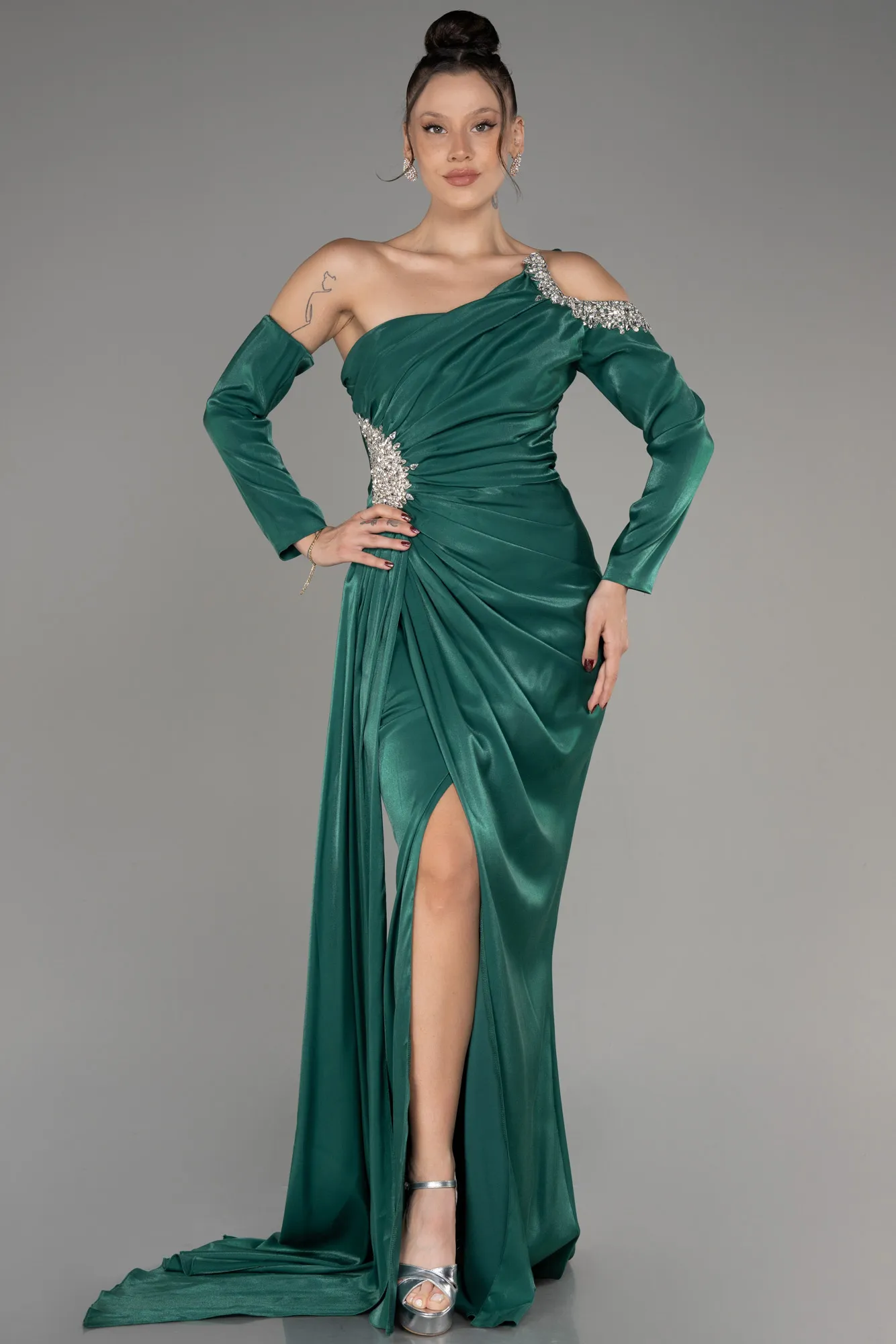 Emerald Green-One Sleeve Long Formal Evening Dress ABU3976