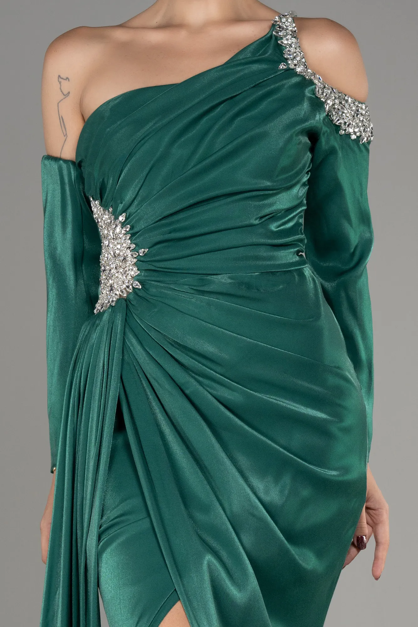 Emerald Green-One Sleeve Long Formal Evening Dress ABU3976