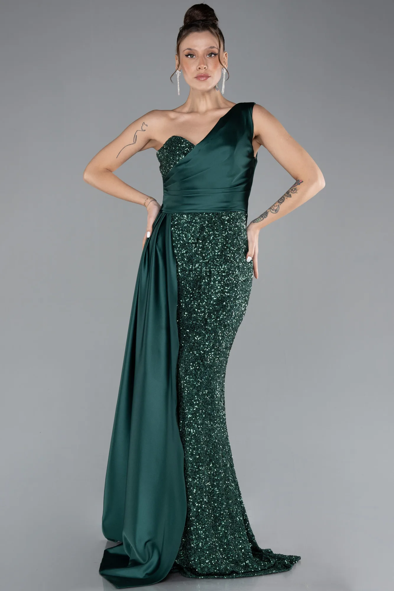 Emerald Green-One Sleeve Long Sequined Evening Gown ABU4378