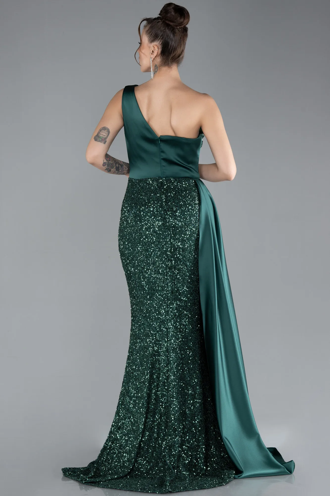 Emerald Green-One Sleeve Long Sequined Evening Gown ABU4378