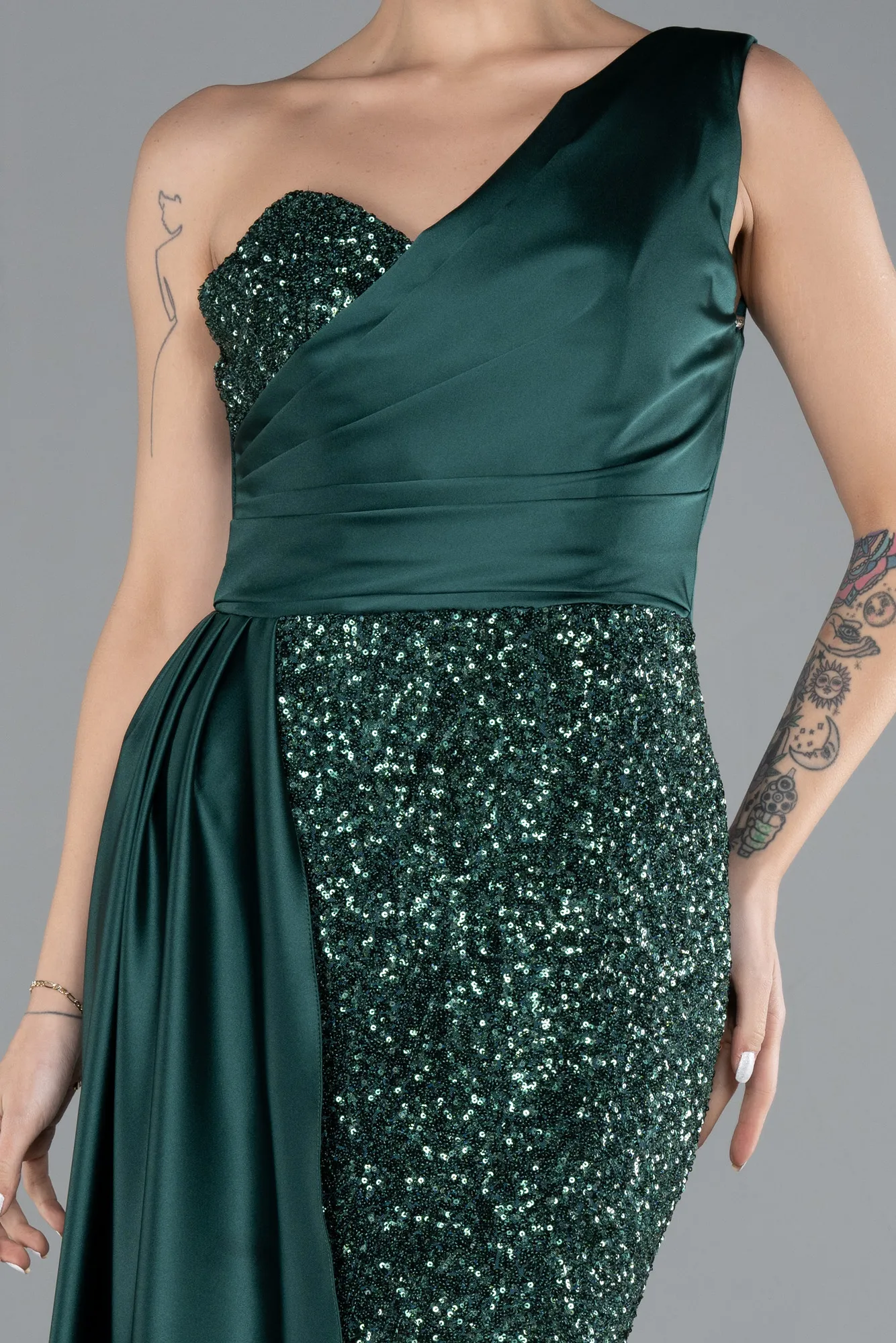 Emerald Green-One Sleeve Long Sequined Evening Gown ABU4378