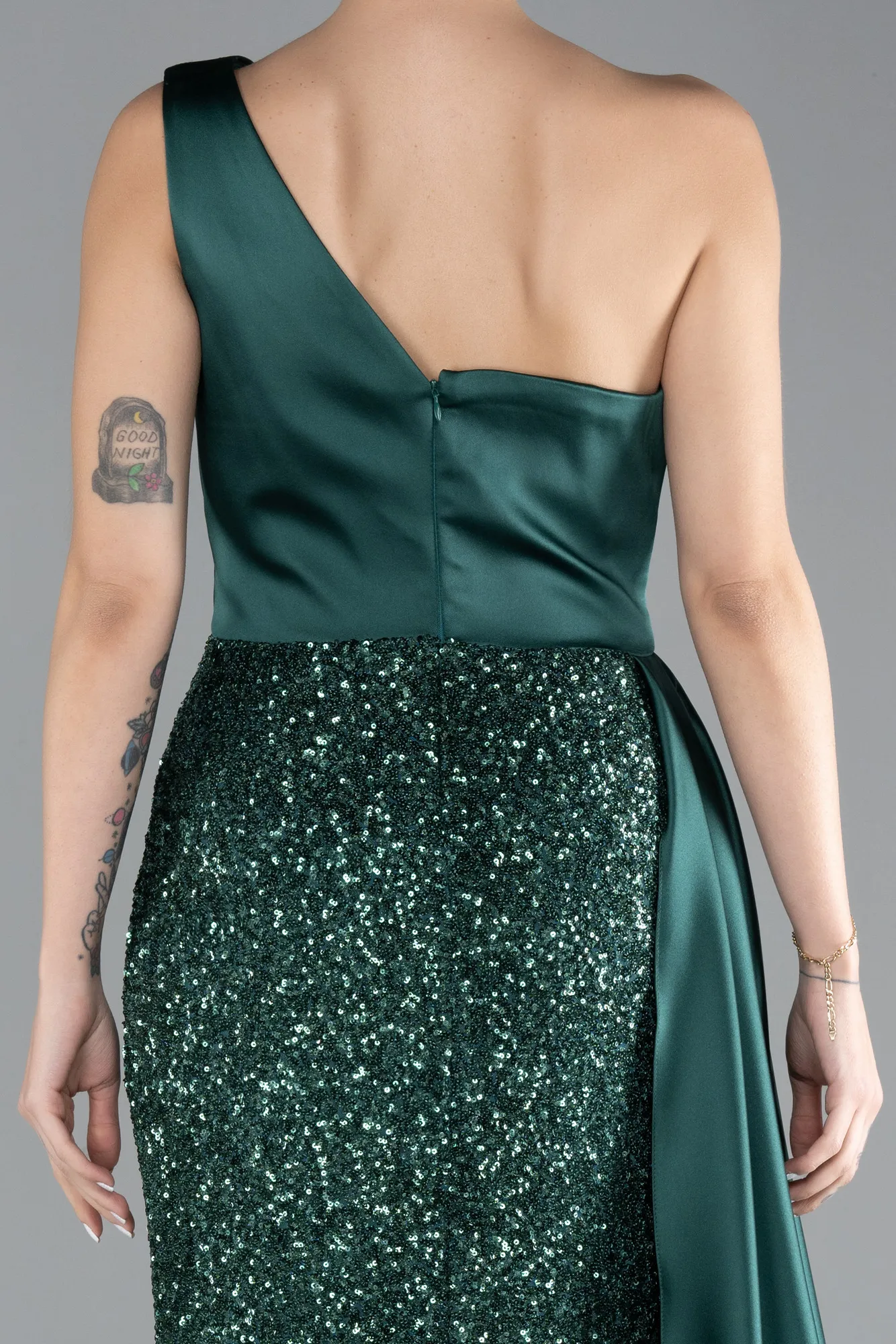 Emerald Green-One Sleeve Long Sequined Evening Gown ABU4378