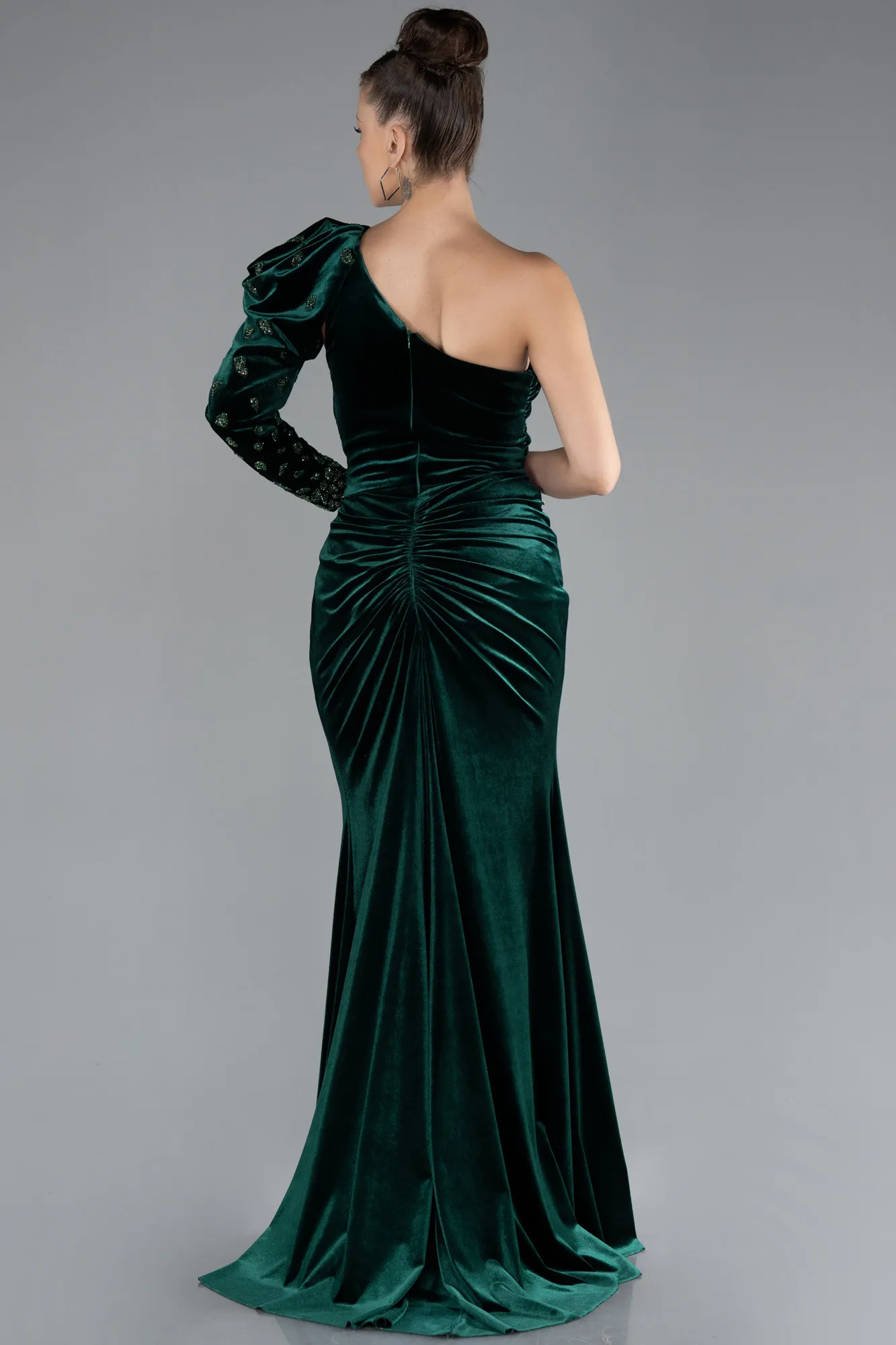 Emerald Green-One Sleeve Slit Long Velvet Evening Dress ABU4338