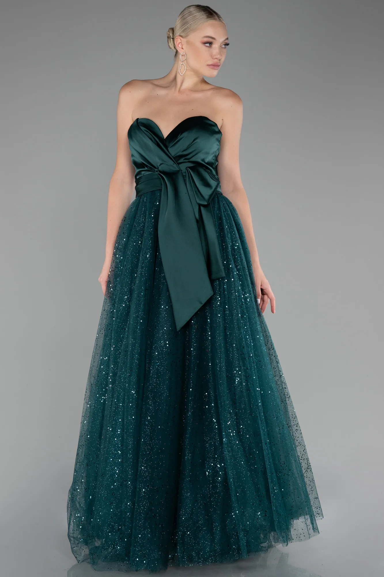 Emerald Green-Satin Strapless Neckline Long Glitter Evening Dress ABU4069