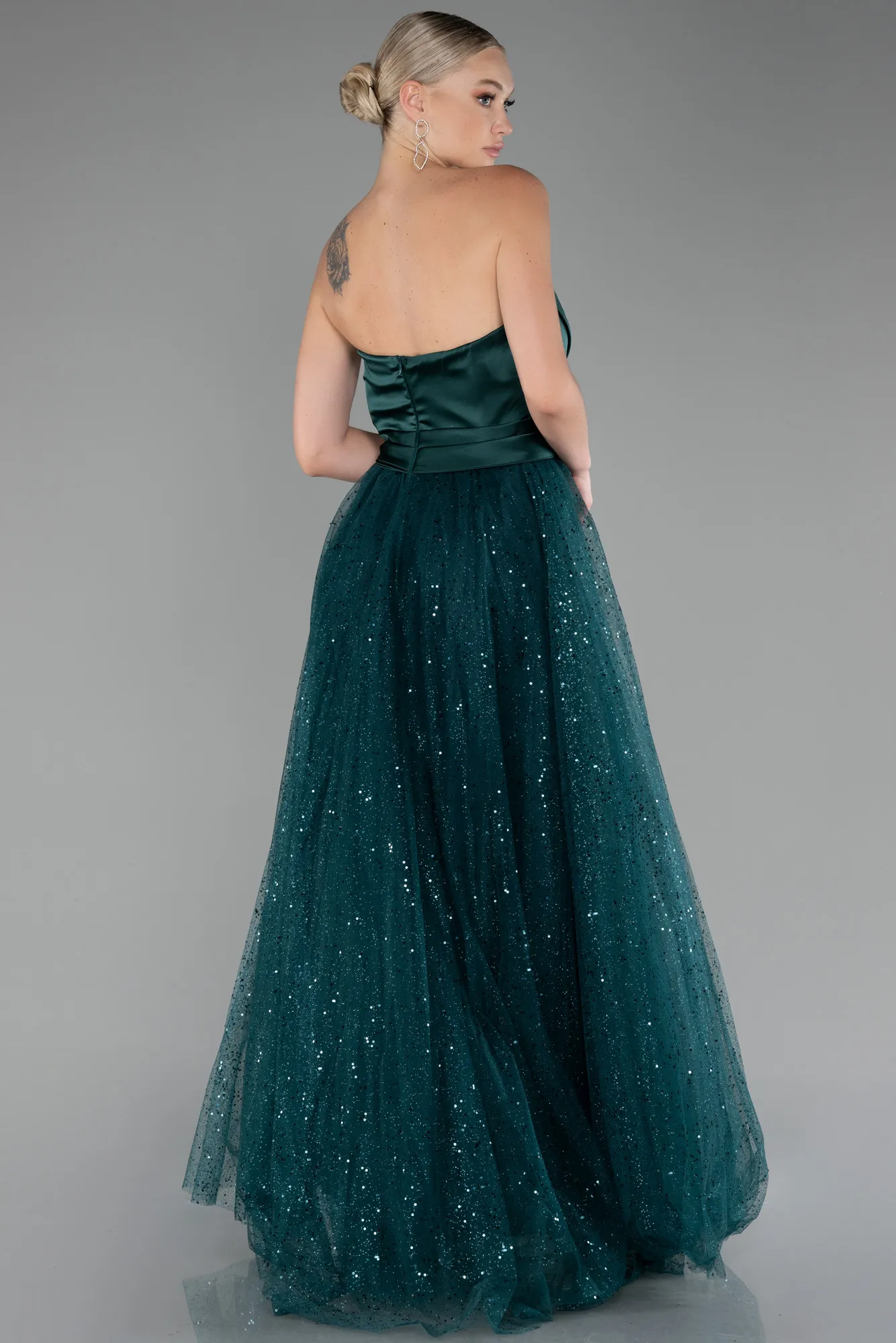 Emerald Green-Satin Strapless Neckline Long Glitter Evening Dress ABU4069