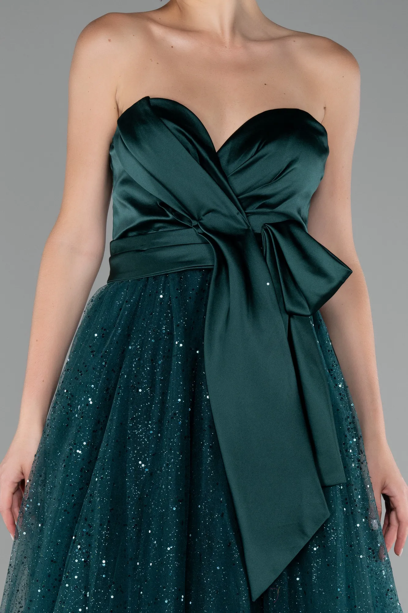 Emerald Green-Satin Strapless Neckline Long Glitter Evening Dress ABU4069