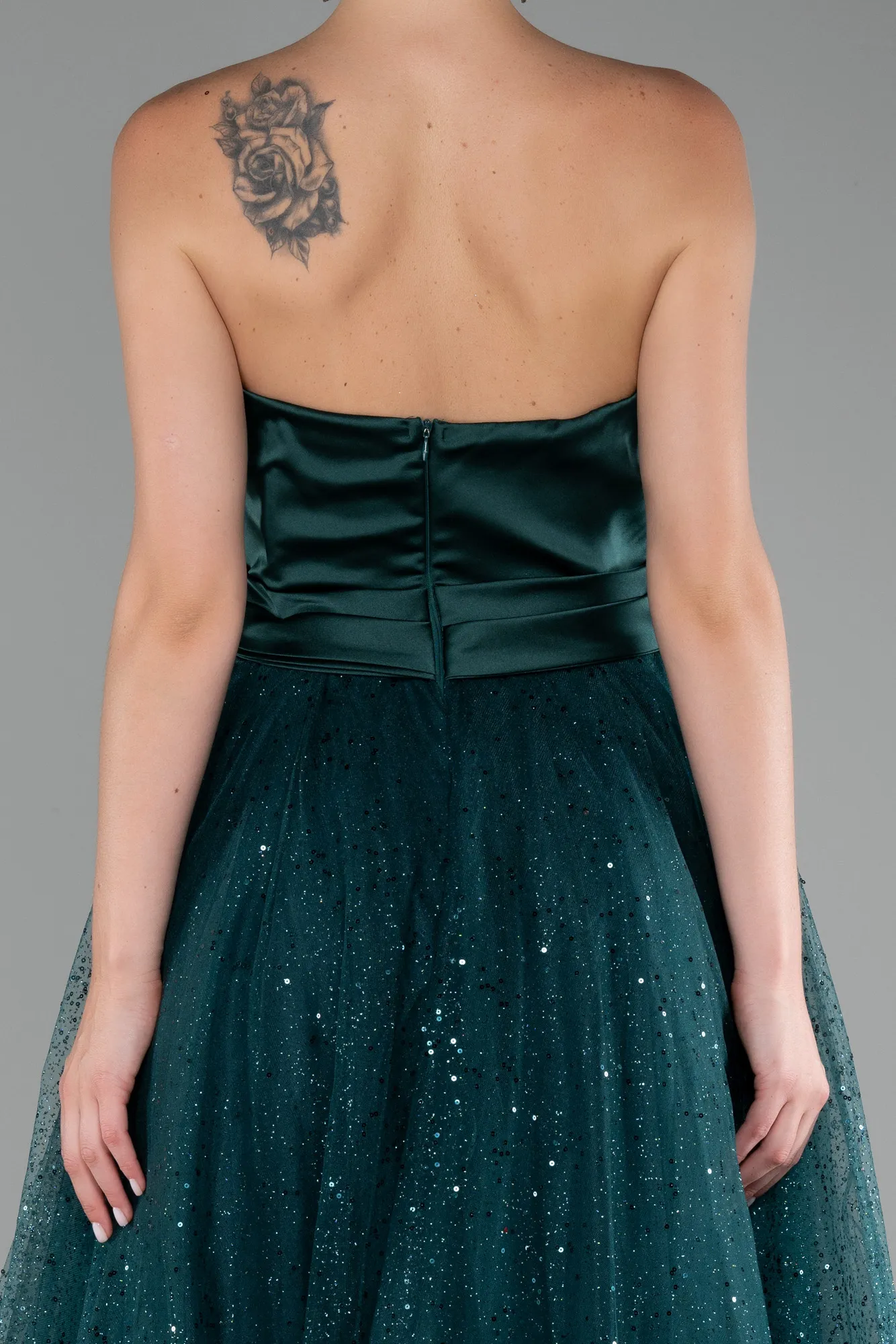 Emerald Green-Satin Strapless Neckline Long Glitter Evening Dress ABU4069