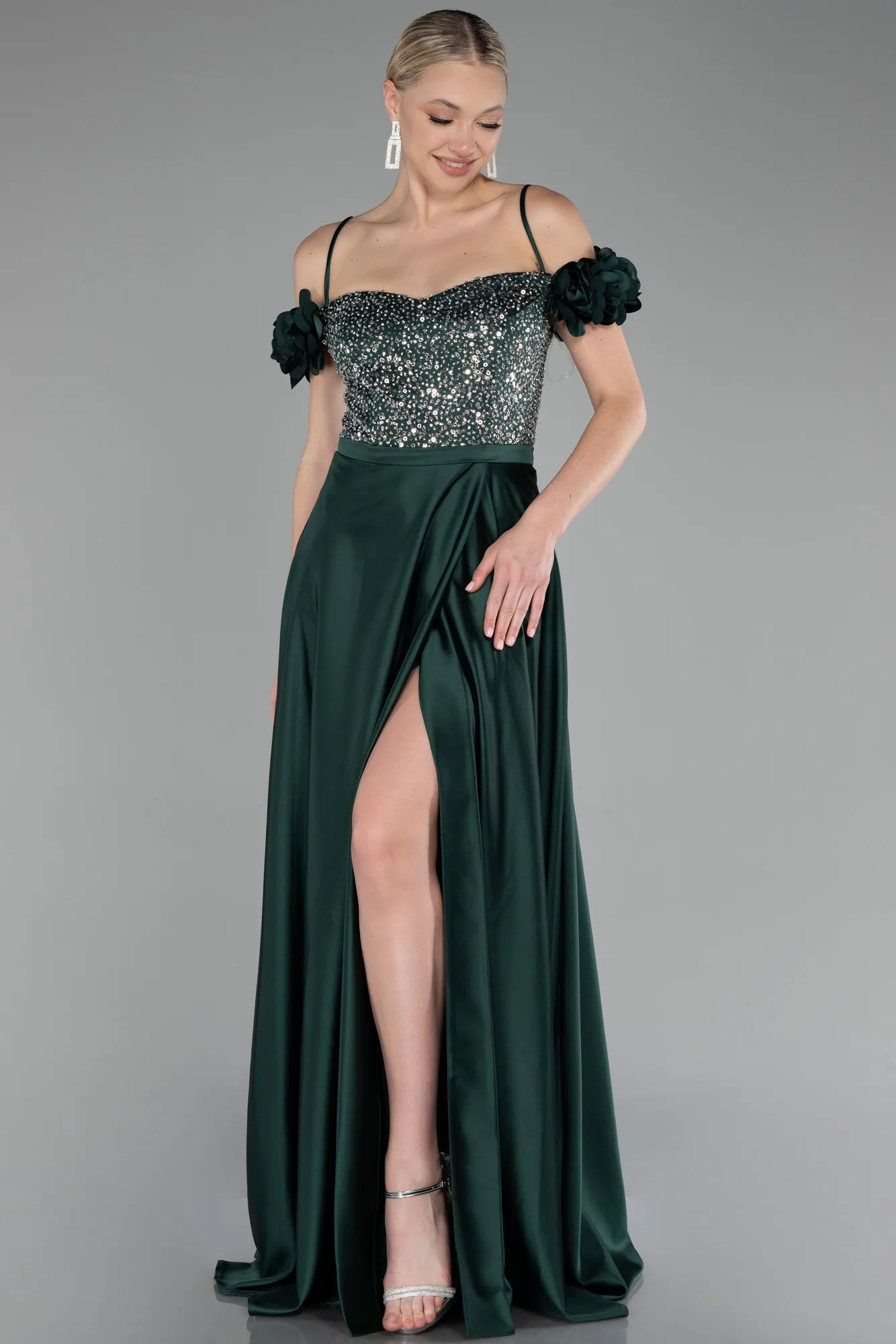 Emerald Green-Sequined Boat Neck Slit Long Satin Evening Gown ABU4126