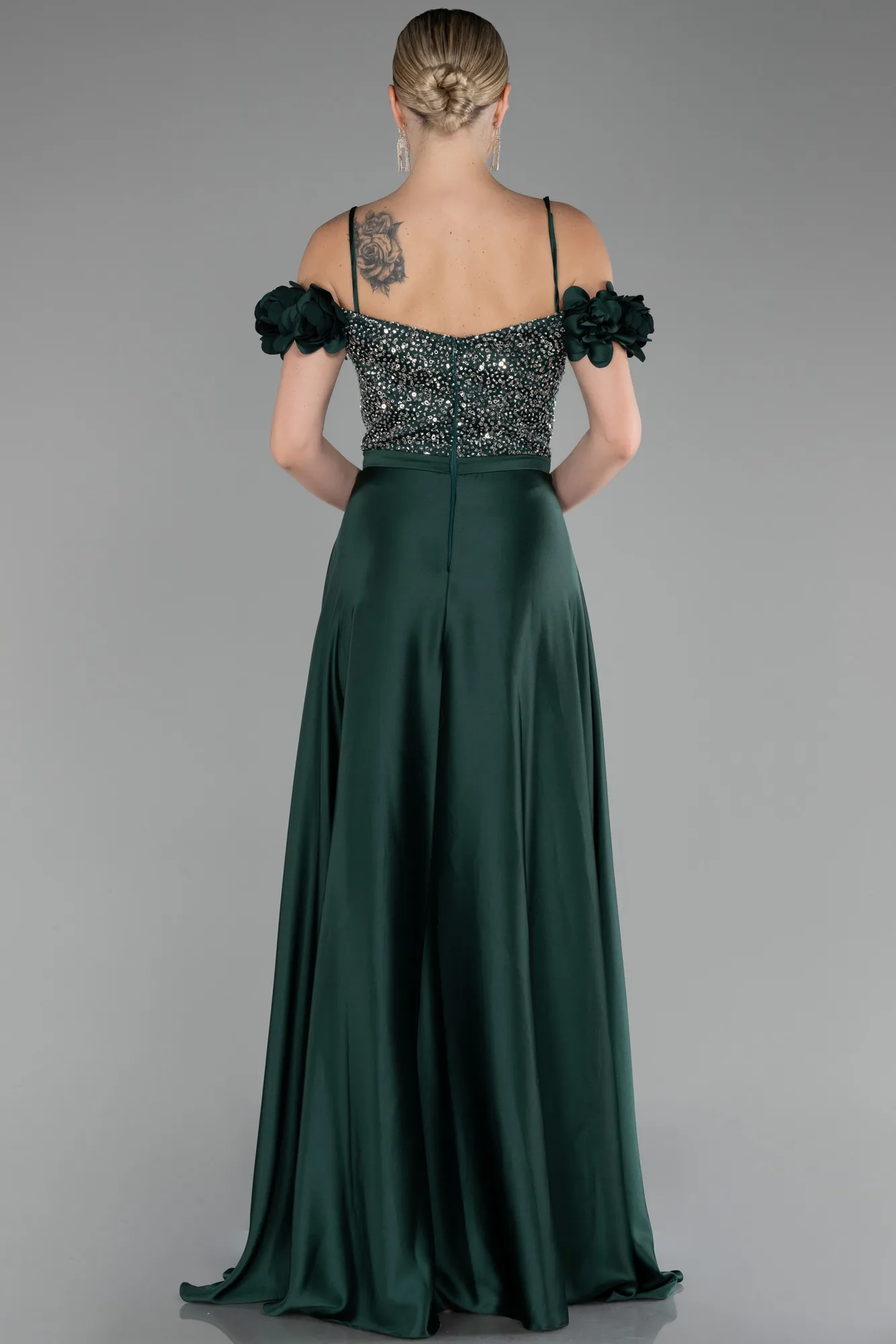 Emerald Green-Sequined Boat Neck Slit Long Satin Evening Gown ABU4126