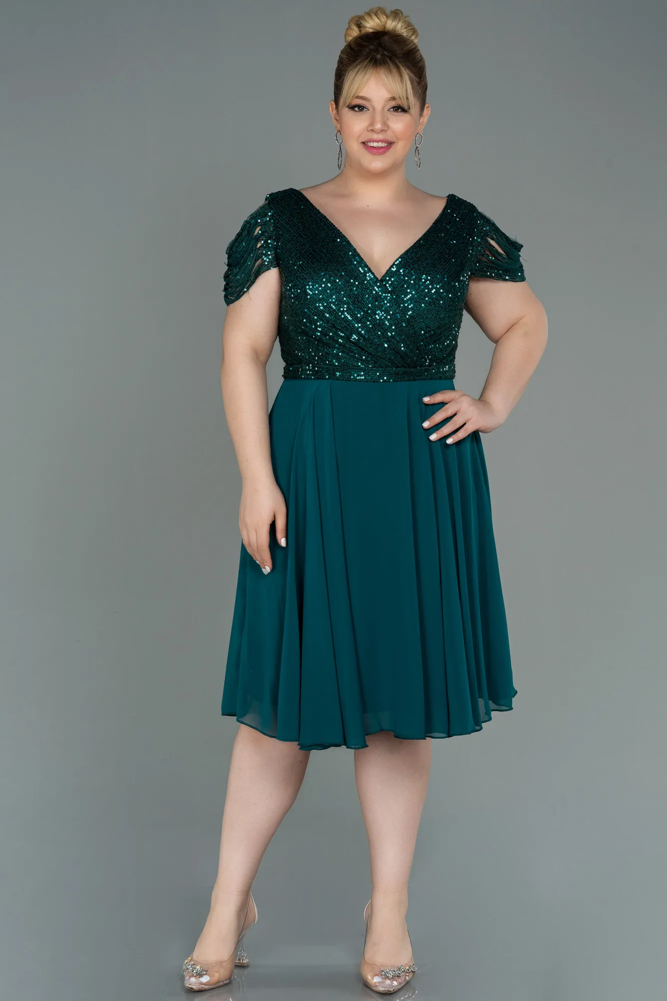 Emerald Green-Short Chiffon Plus Size Evening Dress ABK1376