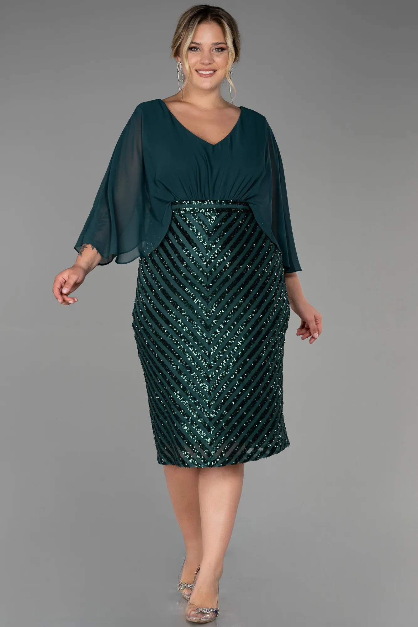 Emerald Green-Short Chiffon Plus Size Evening Dress ABK1852