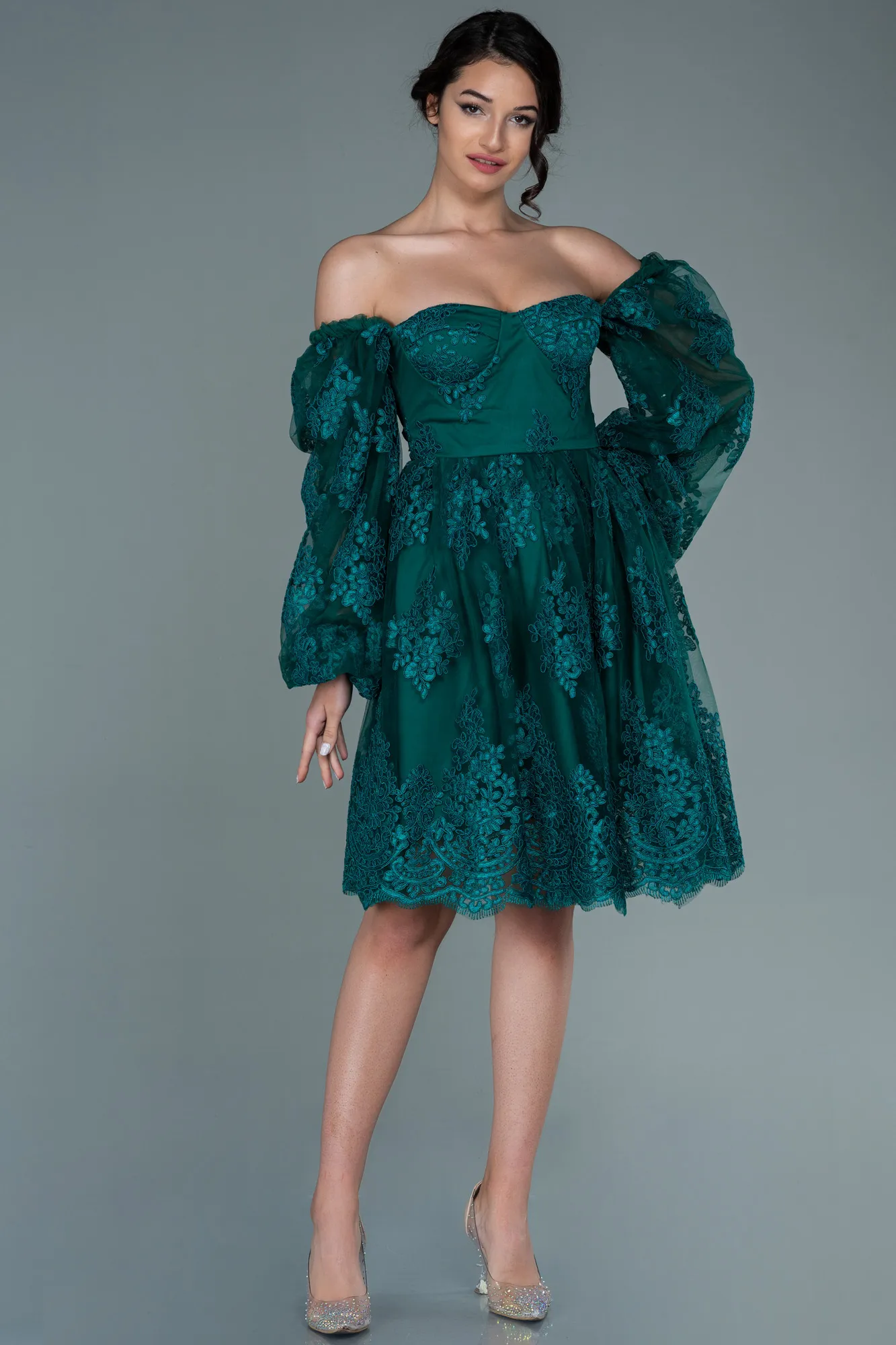 Emerald Green-Short Laced Invitation Dress ABK1549