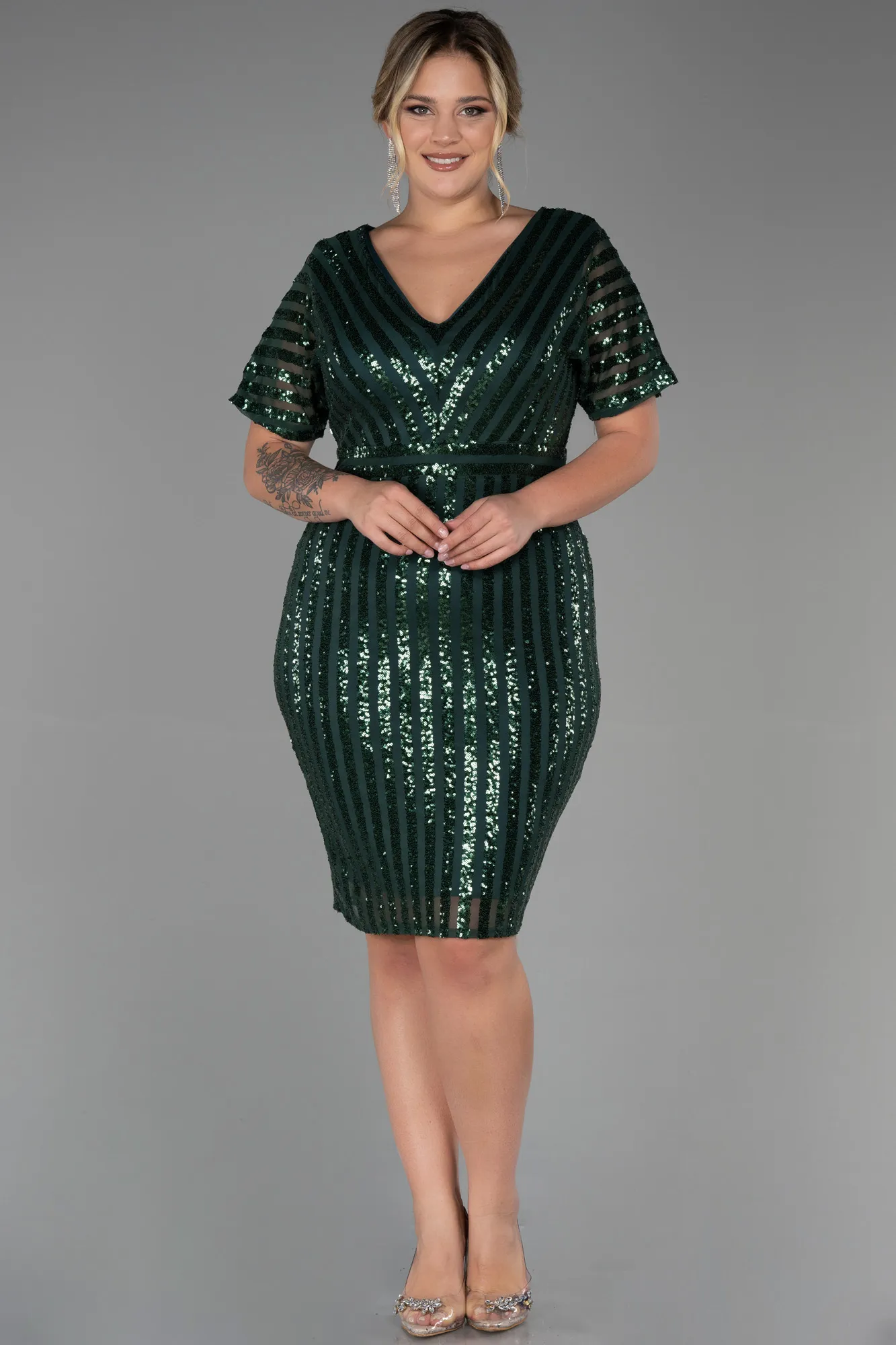 Emerald Green-Short Plus Size Evening Dress ABK686