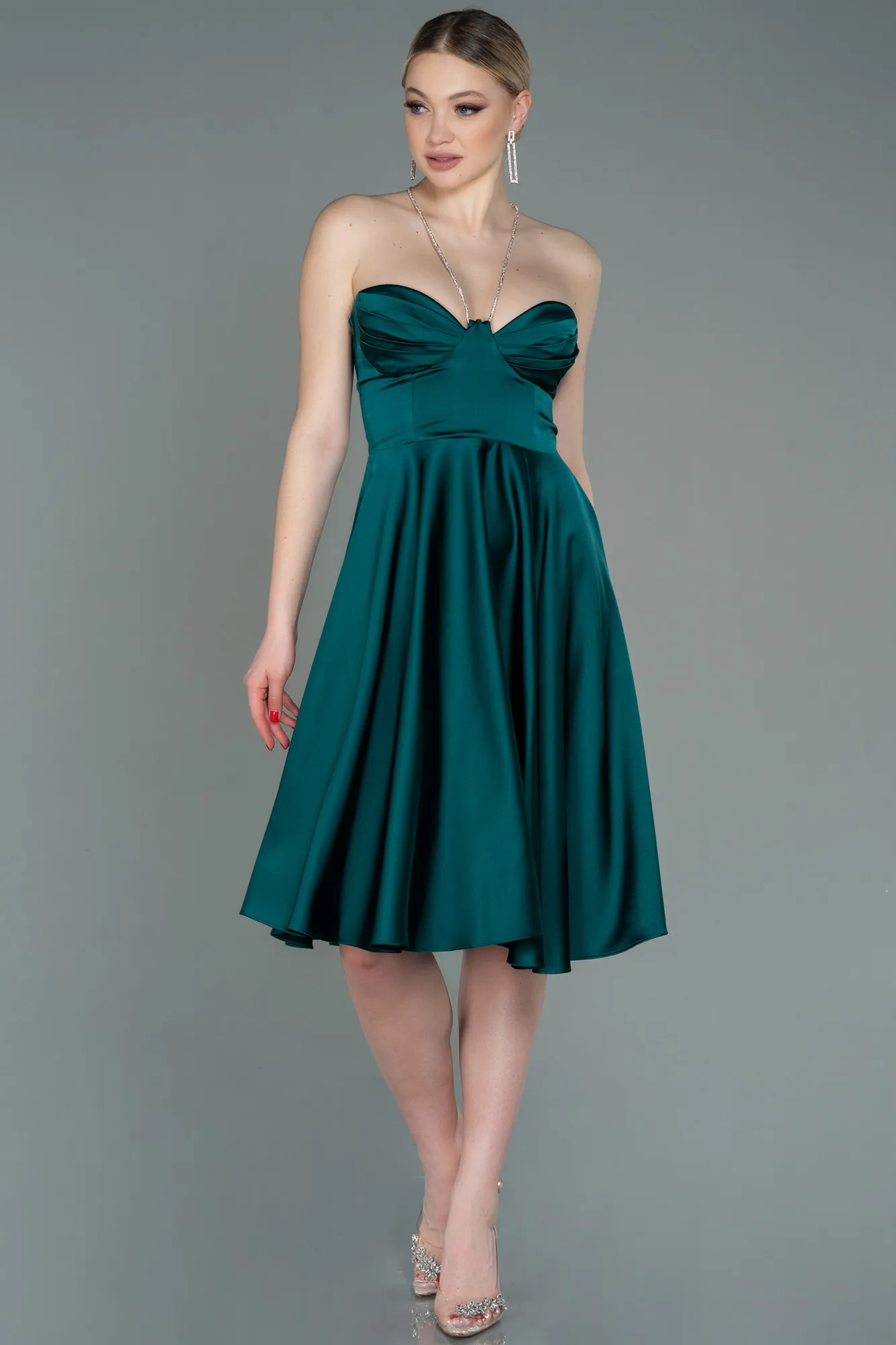 Emerald Green-Short Satin Invitation Dress ABK1734