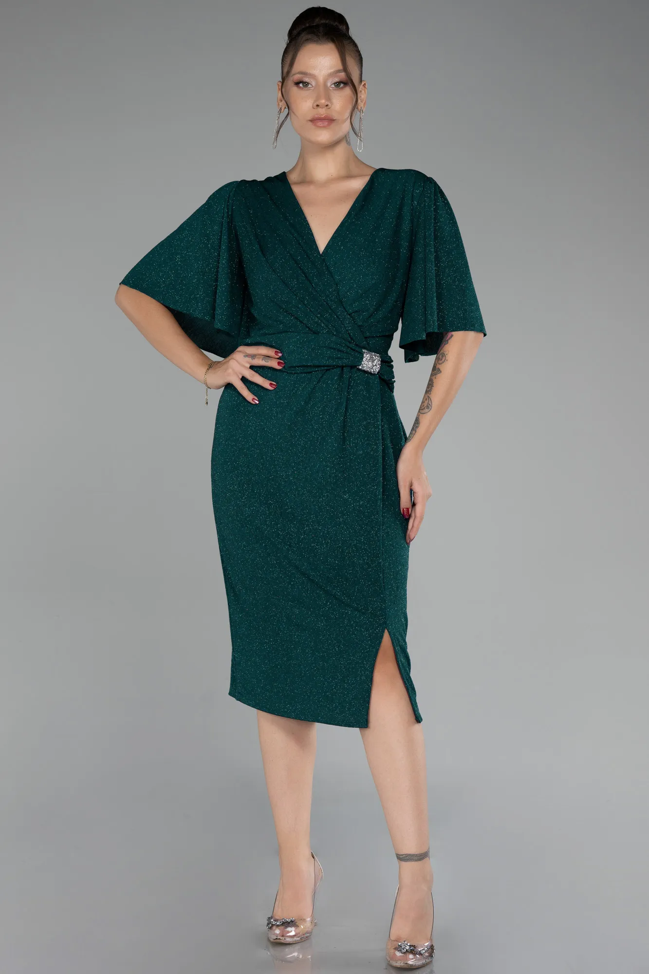 Emerald Green-Short Sleeve Glitter Midi Plus Size Cocktail Dress ABK2115