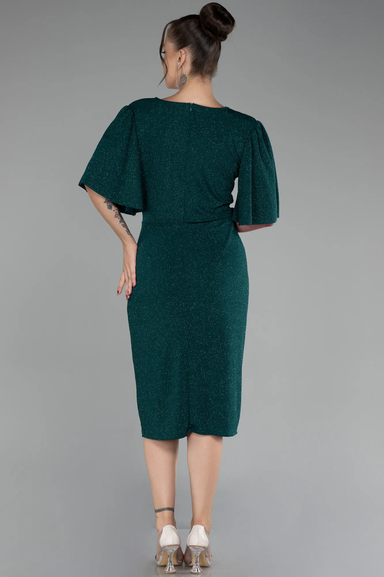 Emerald Green-Short Sleeve Glitter Midi Plus Size Cocktail Dress ABK2115