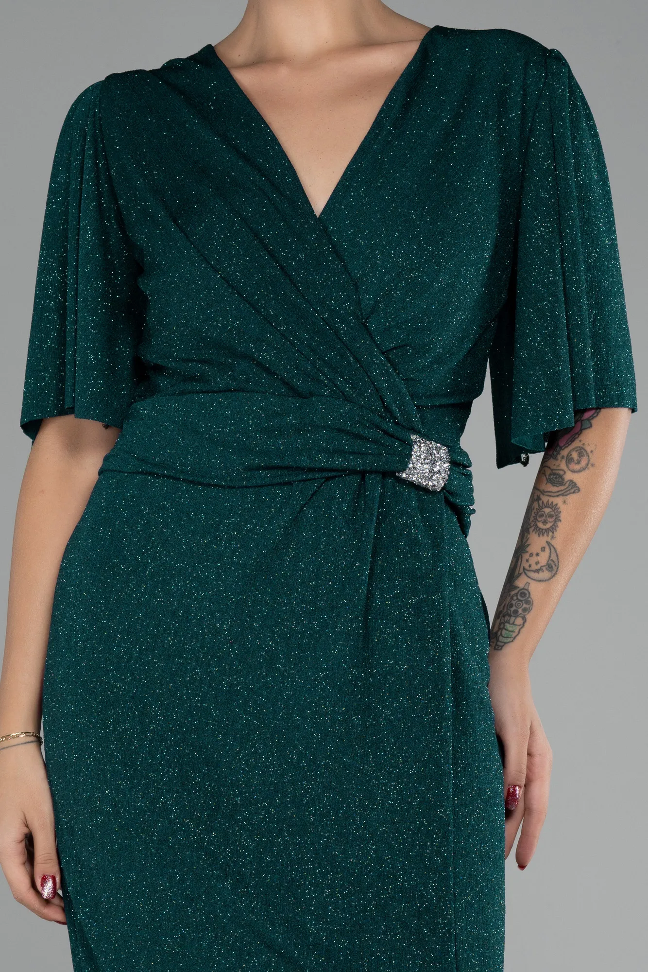 Emerald Green-Short Sleeve Glitter Midi Plus Size Cocktail Dress ABK2115