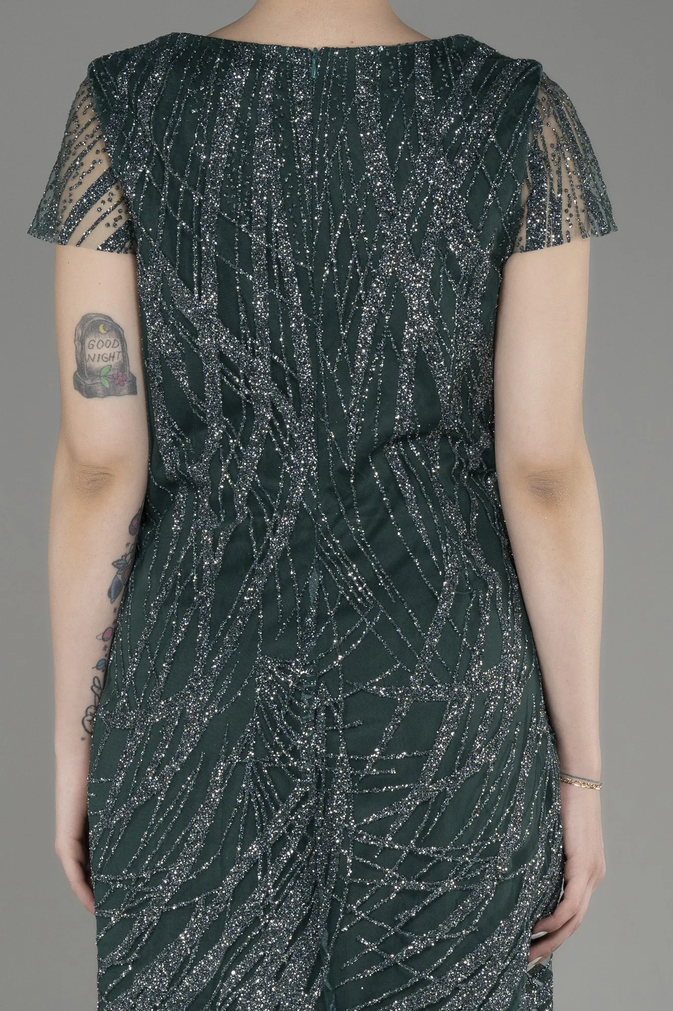 Emerald Green-Short Sleeve Glittery Plus Size Invitation Dress ABK2050