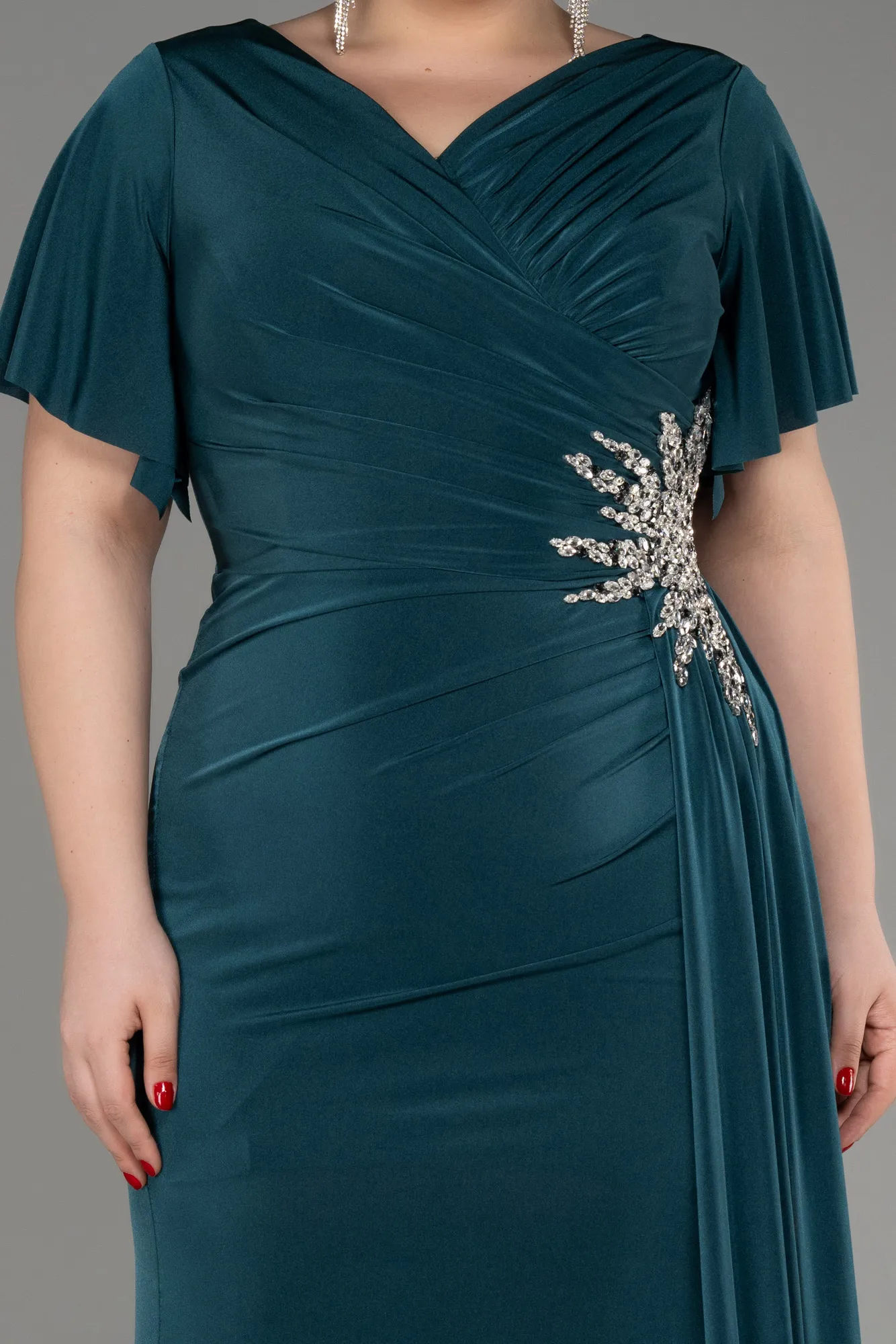 Emerald Green-Short Sleeve Long Plus Size Evening Dress ABU3918