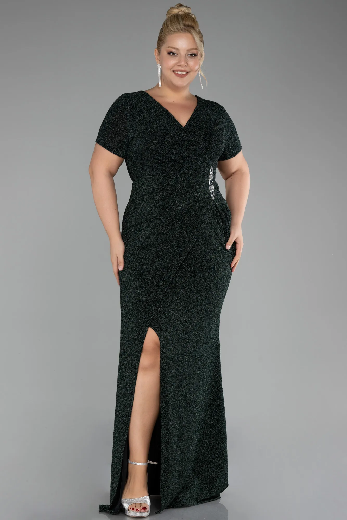 Emerald Green-Short Sleeve Long Silvery Plus Size Evening Dress ABU4101